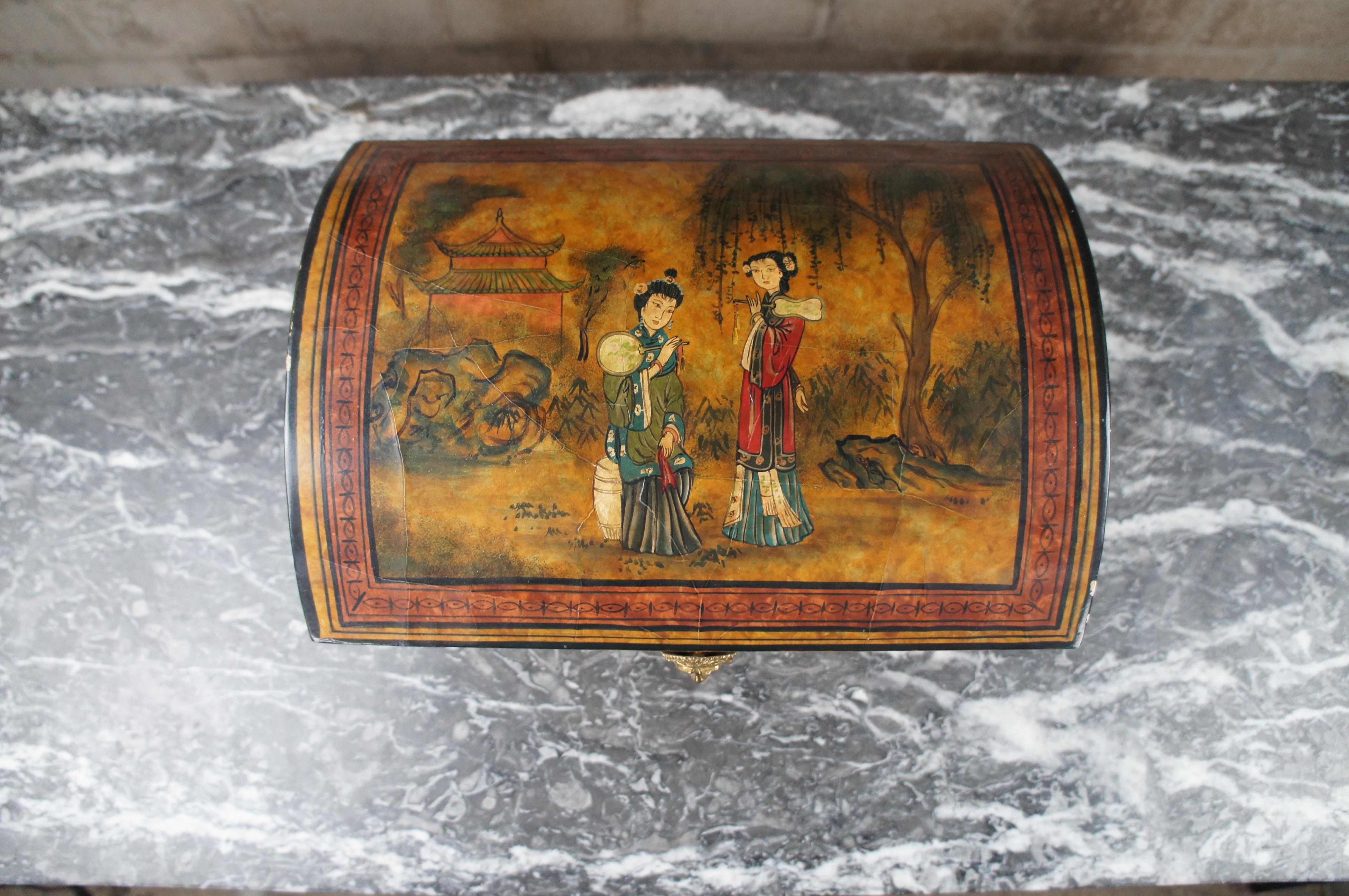 Hardwood Maitland Smith Lacquered Chinoiserie Dome Top Lion Handle Storage Keepsake Box For Sale