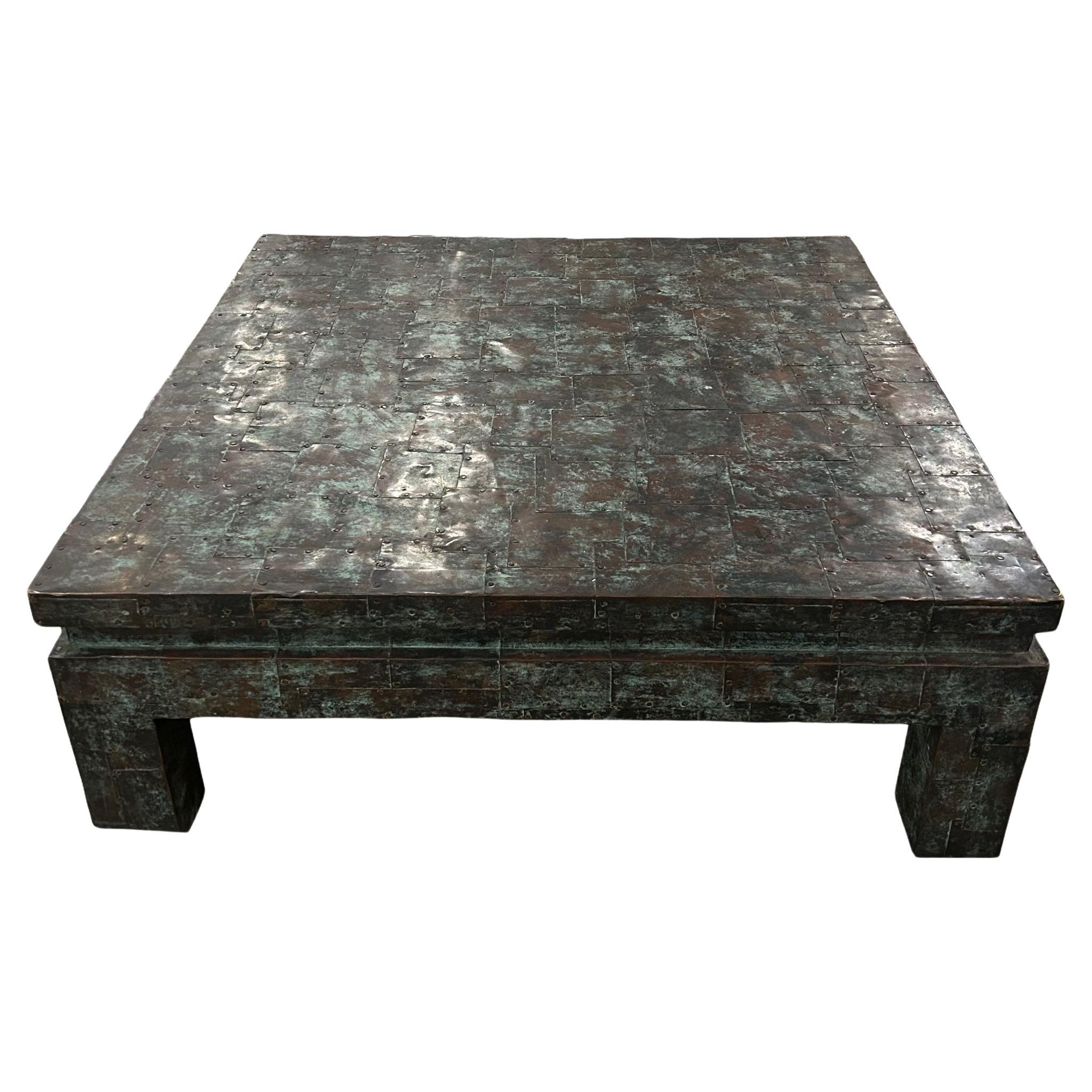 Maitland Smith Large Brass Patchwork Coffee Table For Sale