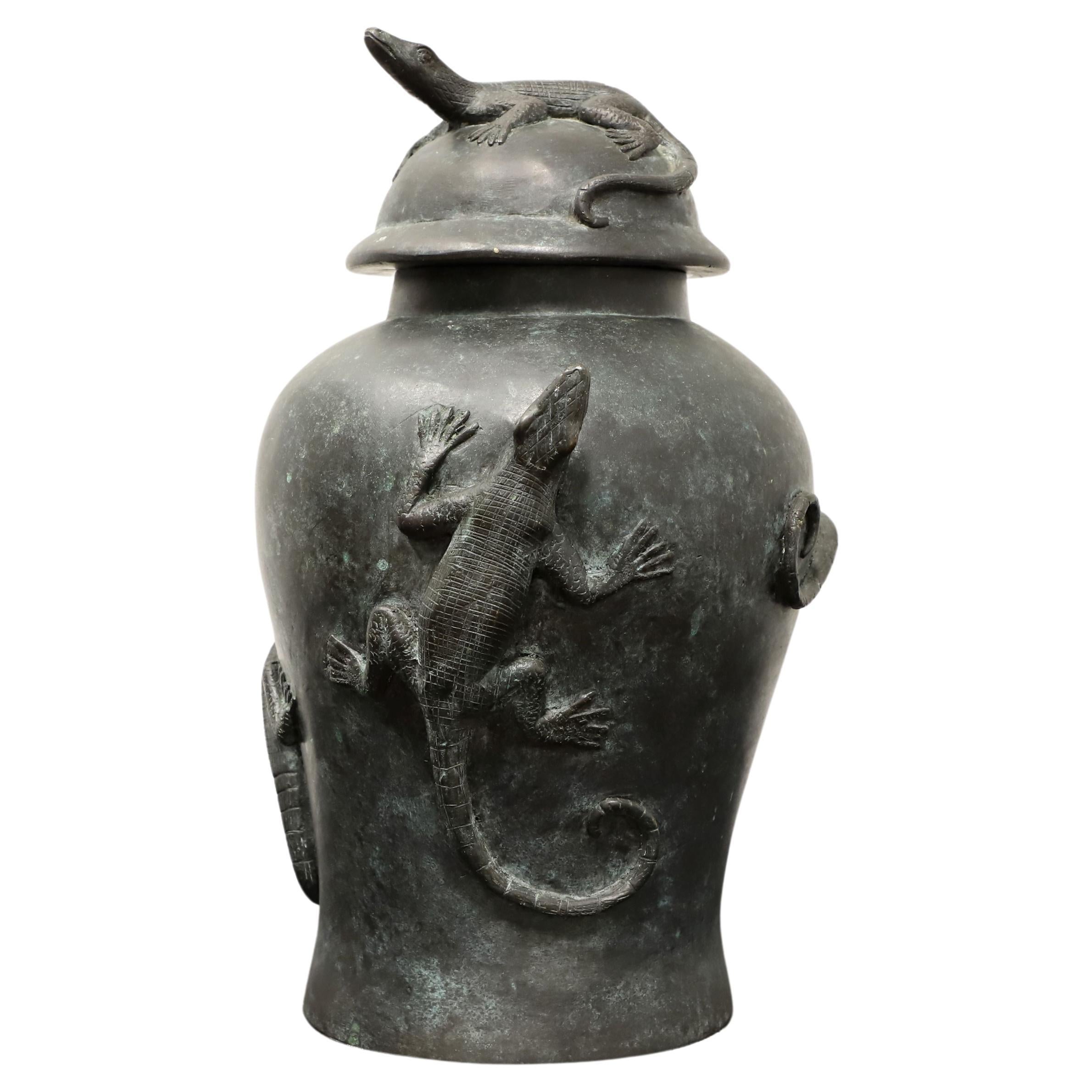 MAITLAND SMITH Large Bronze Lidded Urn with Lizards For Sale