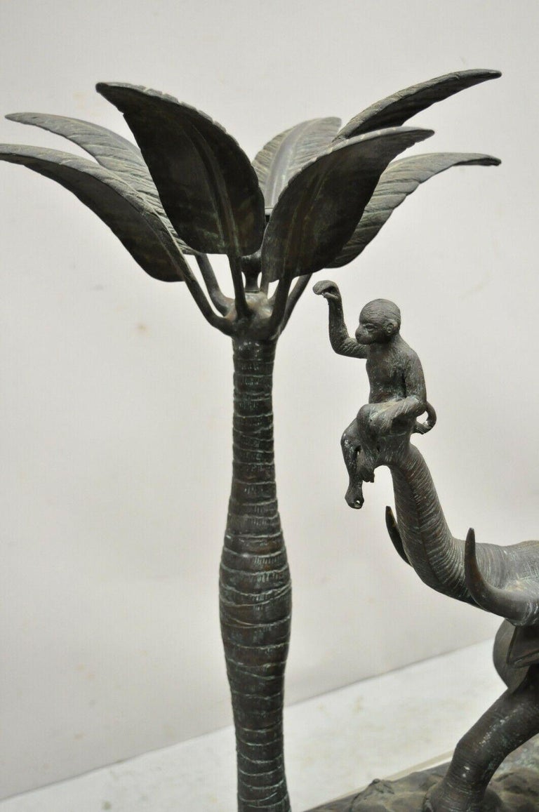 20th Century Maitland Smith Large Bronze Monkey Palm Leaf Tree Sculpture Candle Holder For Sale