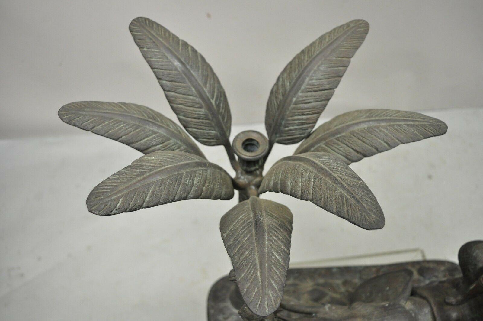 Hollywood Regency Maitland Smith Large Bronze Monkey Palm Leaf Tree Sculpture Candle Holder For Sale