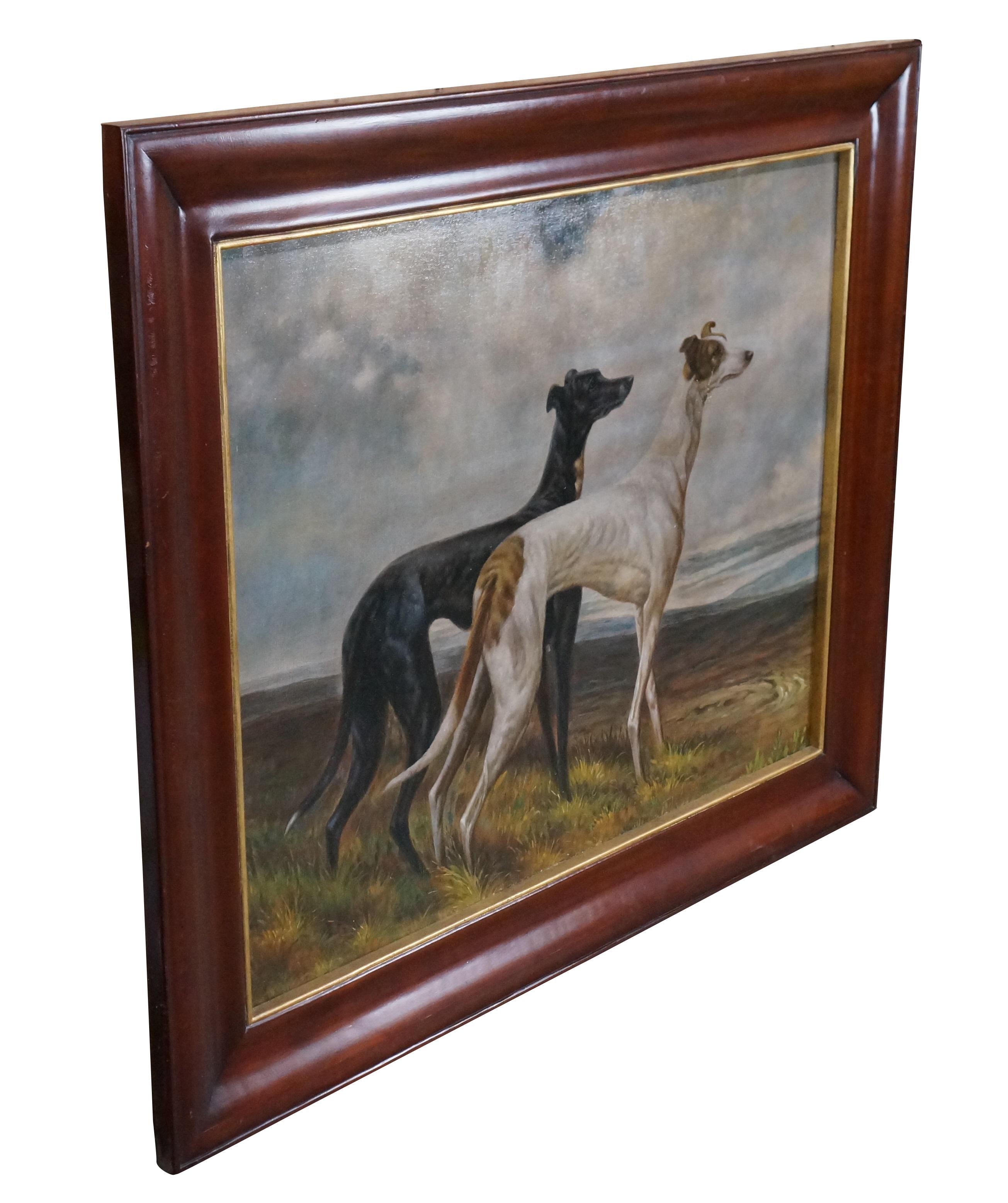 1980s Maitland Smith Large Greyhounds Oil Painting after Maude Earl (English 1864-1943). The portrait showcases the two dogs posing on a country landscape.  The painting is framed in mahogany with gold trim.

Dimensions:
37