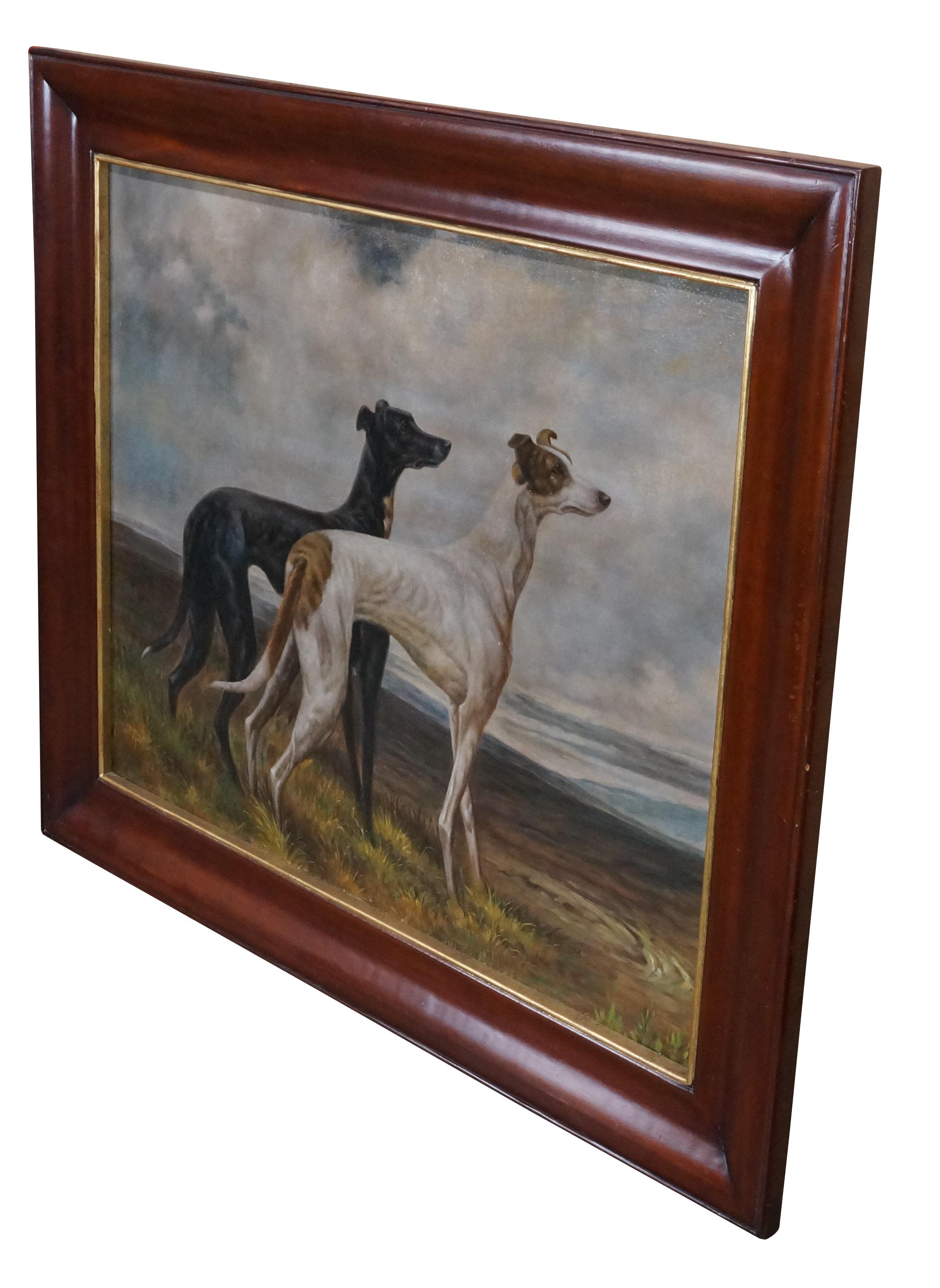 Country Maitland Smith Large Greyhounds Oil Painting After Maude Earl Mahogany Frame 45