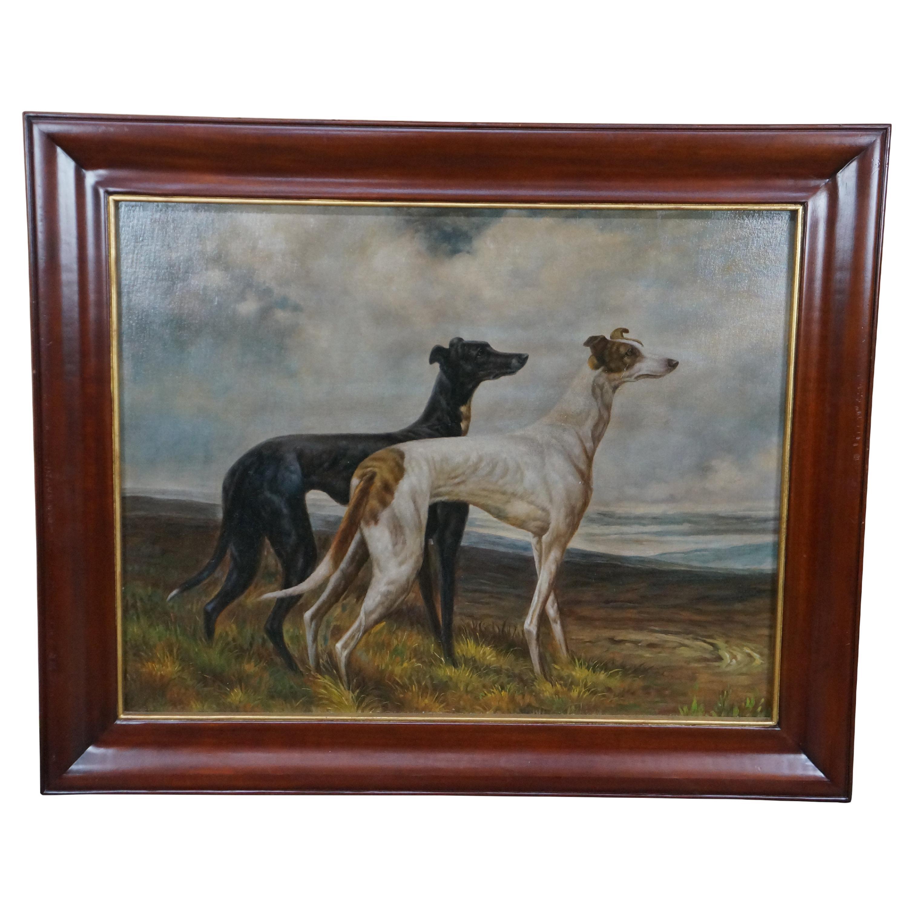 Maitland Smith Large Greyhounds Oil Painting After Maude Earl Mahogany Frame 45" For Sale