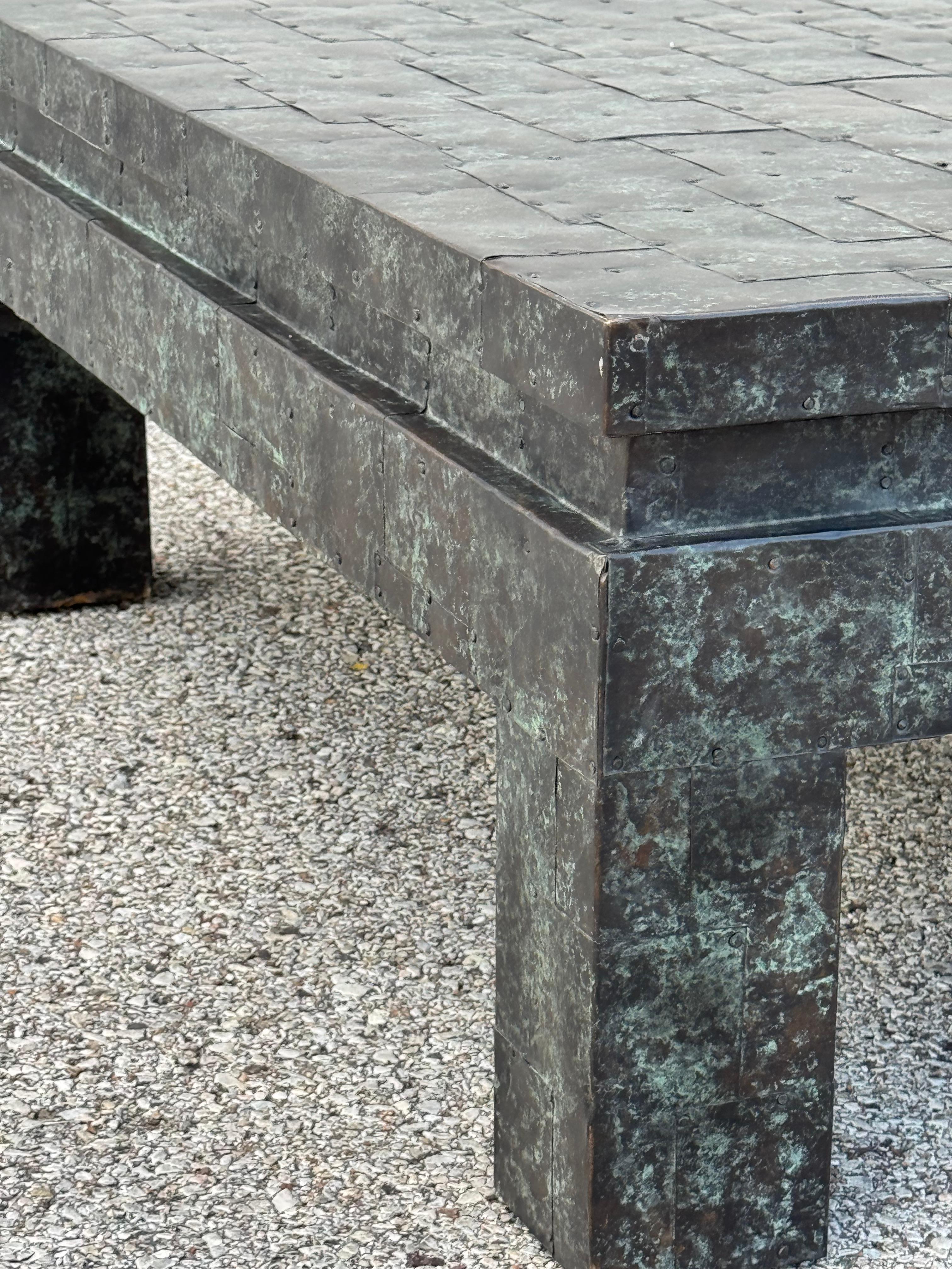 Maitland-Smith Large Square Coffee Table with Patinated Copper Patchwork Tiles For Sale 4
