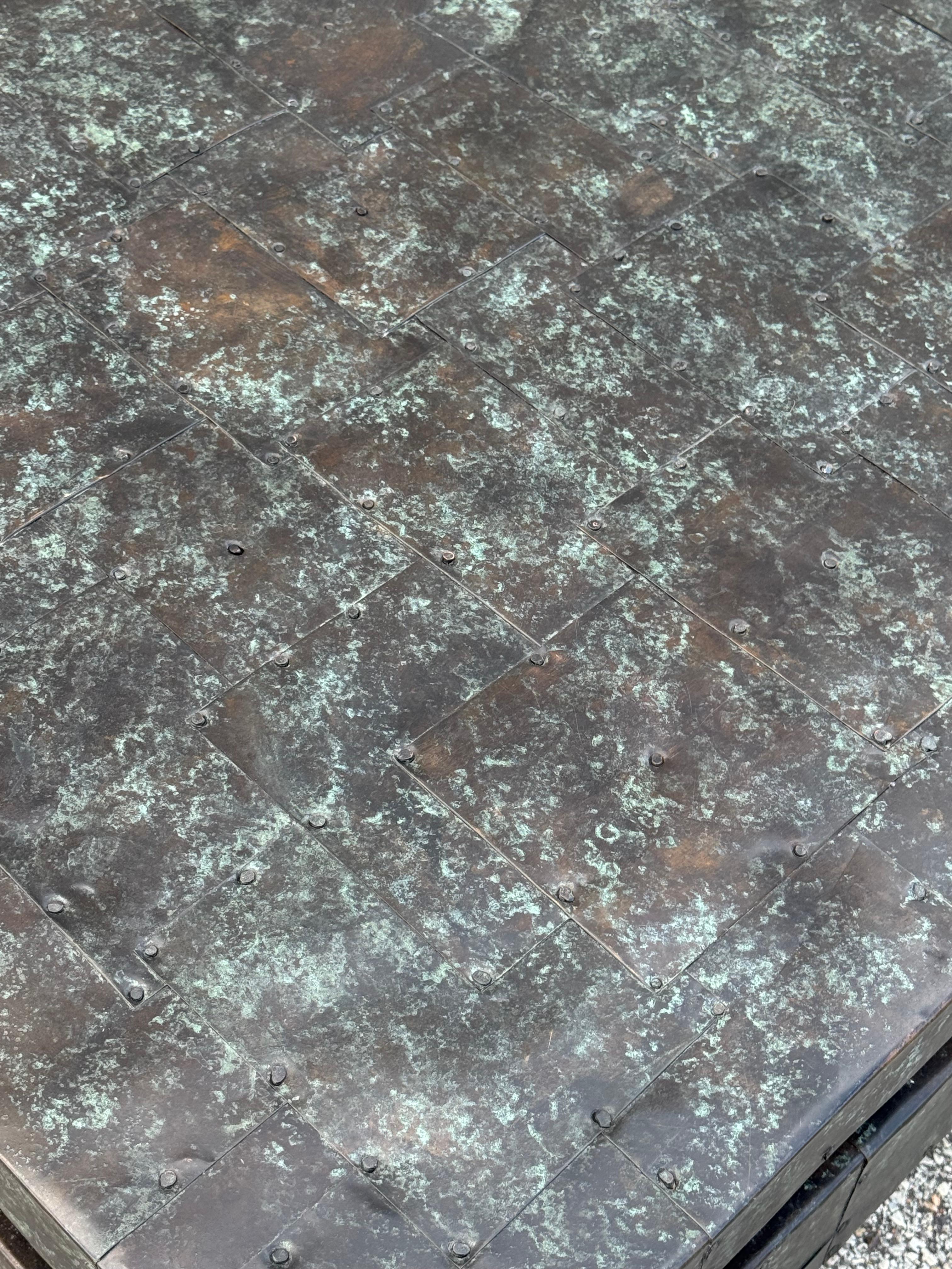 Maitland-Smith Large Square Coffee Table with Patinated Copper Patchwork Tiles For Sale 6