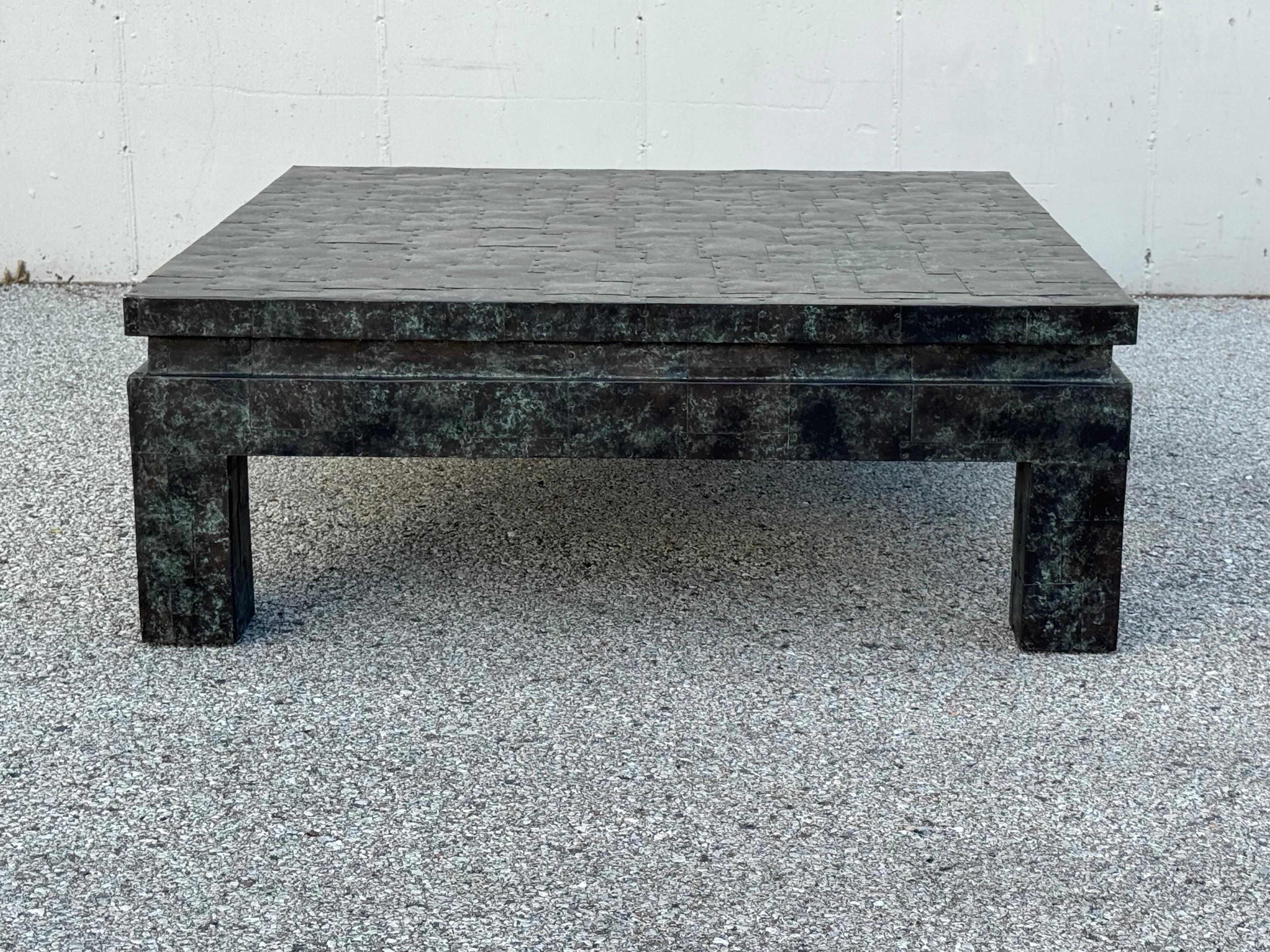 Mid-Century Modern Maitland-Smith Large Square Coffee Table with Patinated Copper Patchwork Tiles For Sale