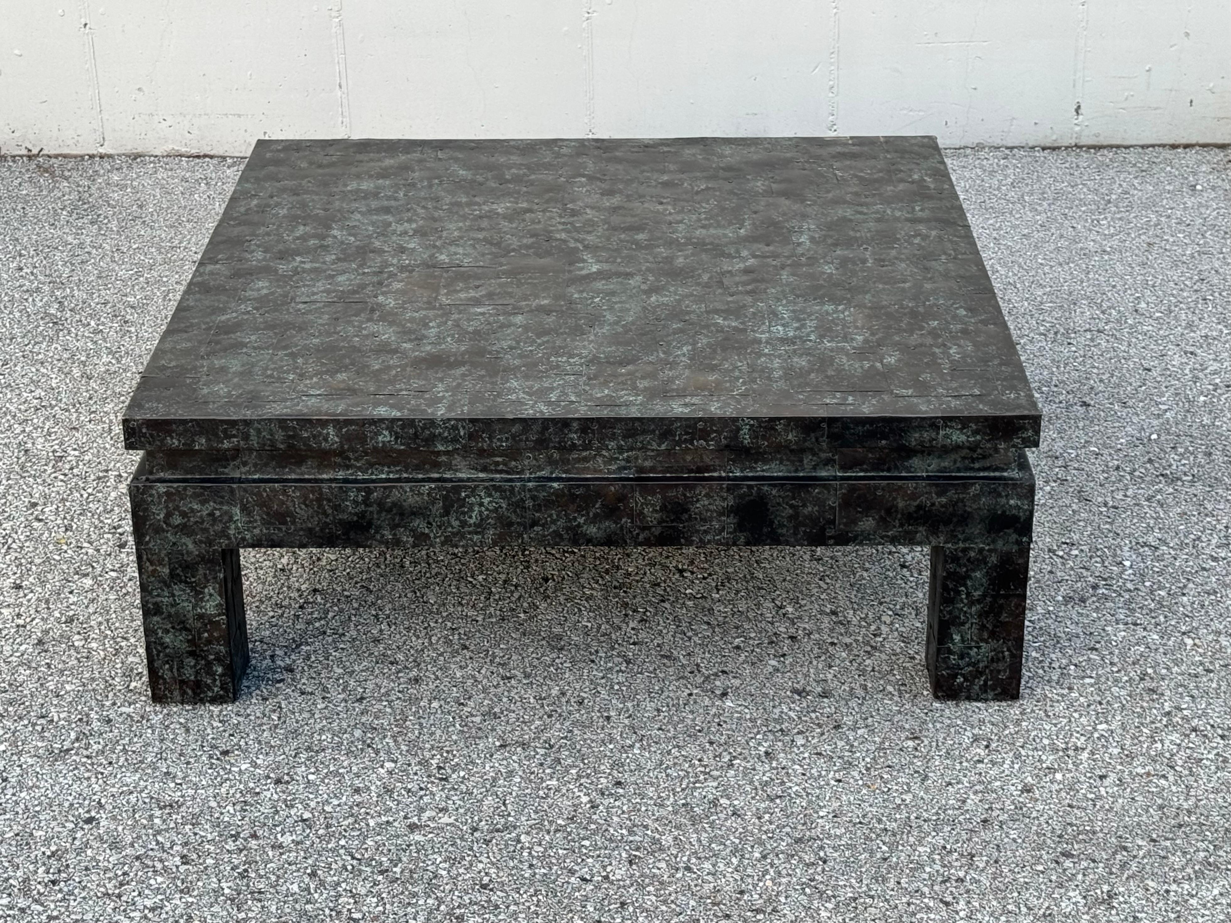 Philippine Maitland-Smith Large Square Coffee Table with Patinated Copper Patchwork Tiles For Sale