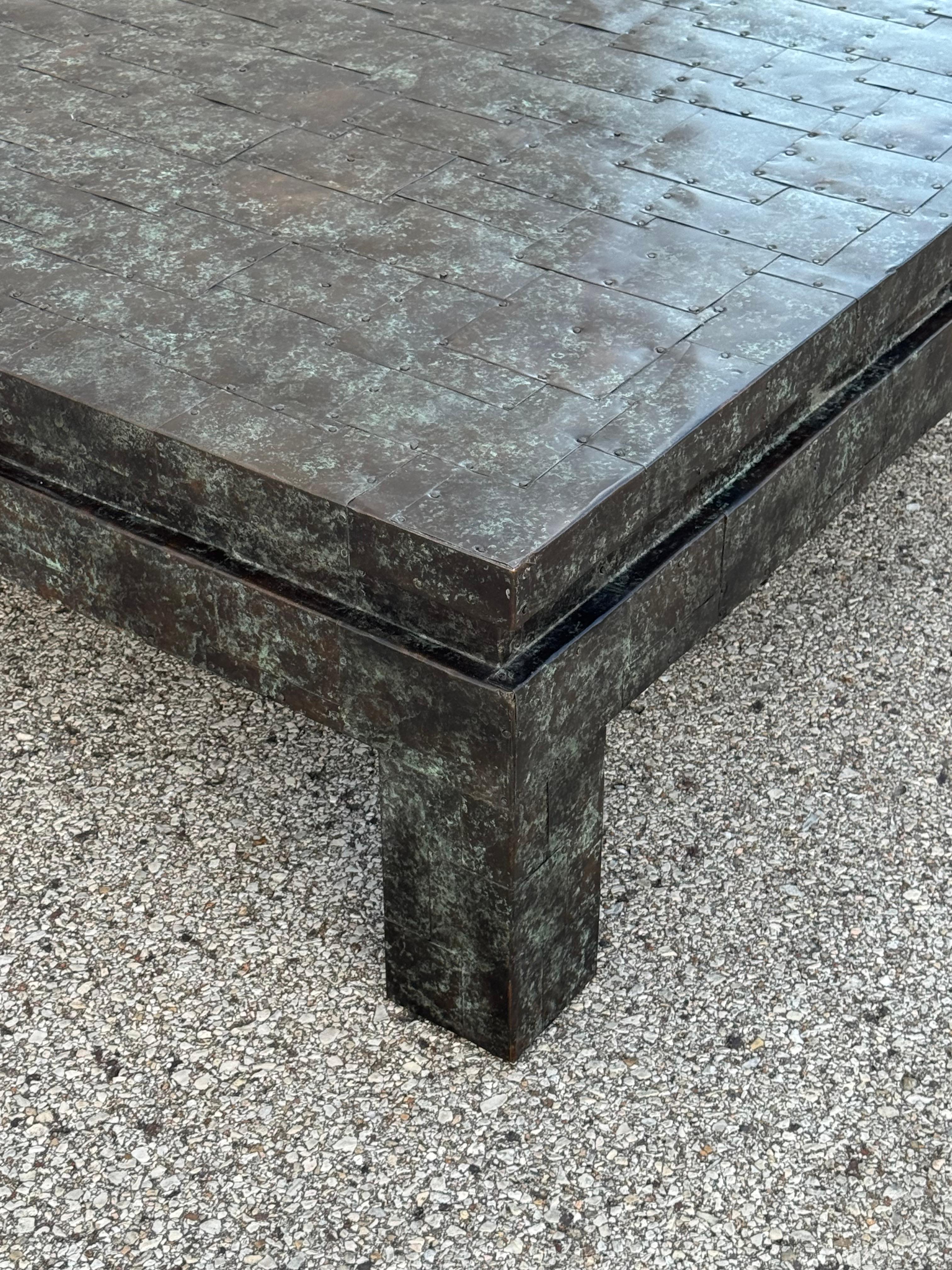 Maitland-Smith Large Square Coffee Table with Patinated Copper Patchwork Tiles For Sale 2