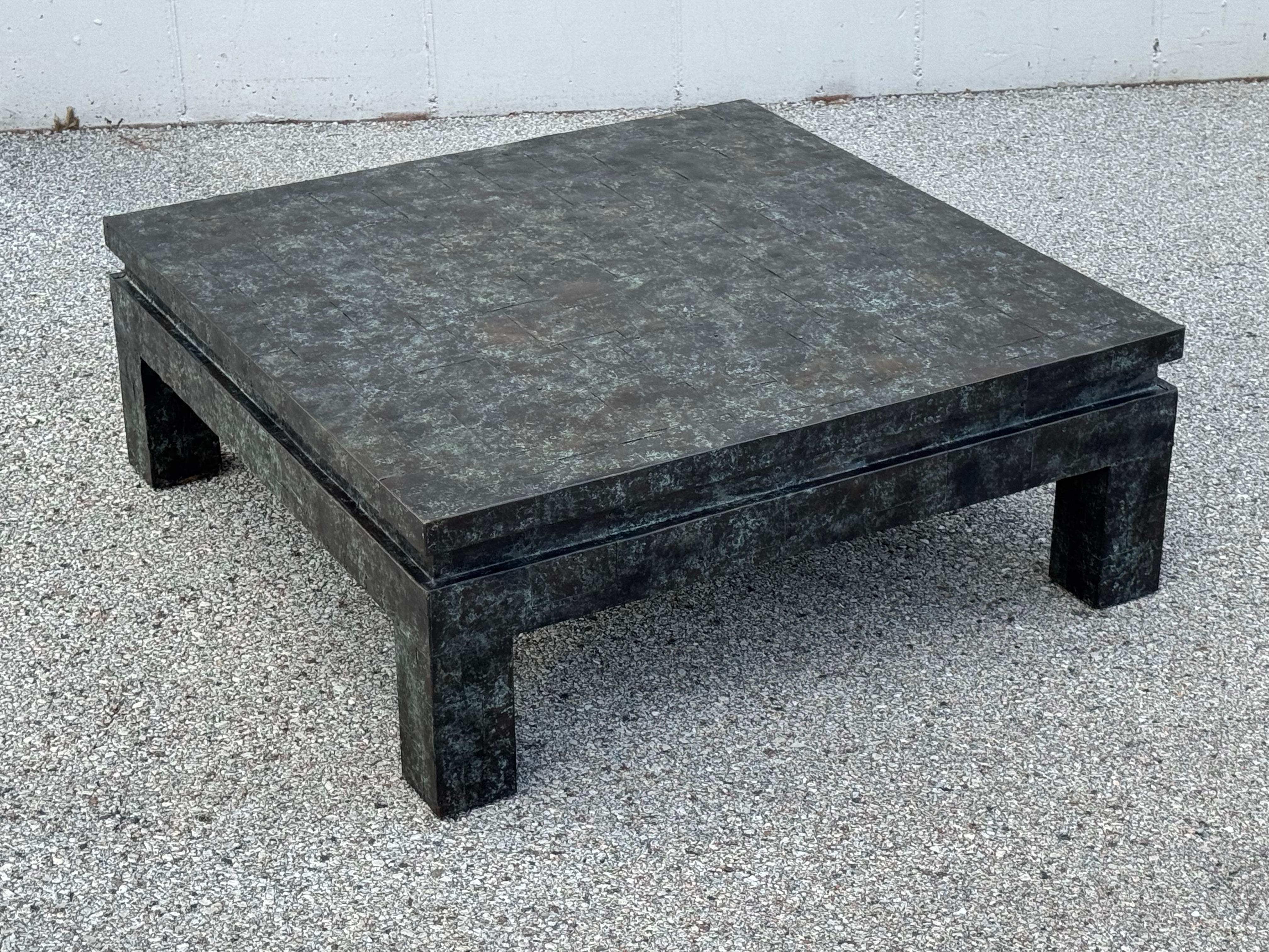 Maitland-Smith Large Square Coffee Table with Patinated Copper Patchwork Tiles For Sale 3