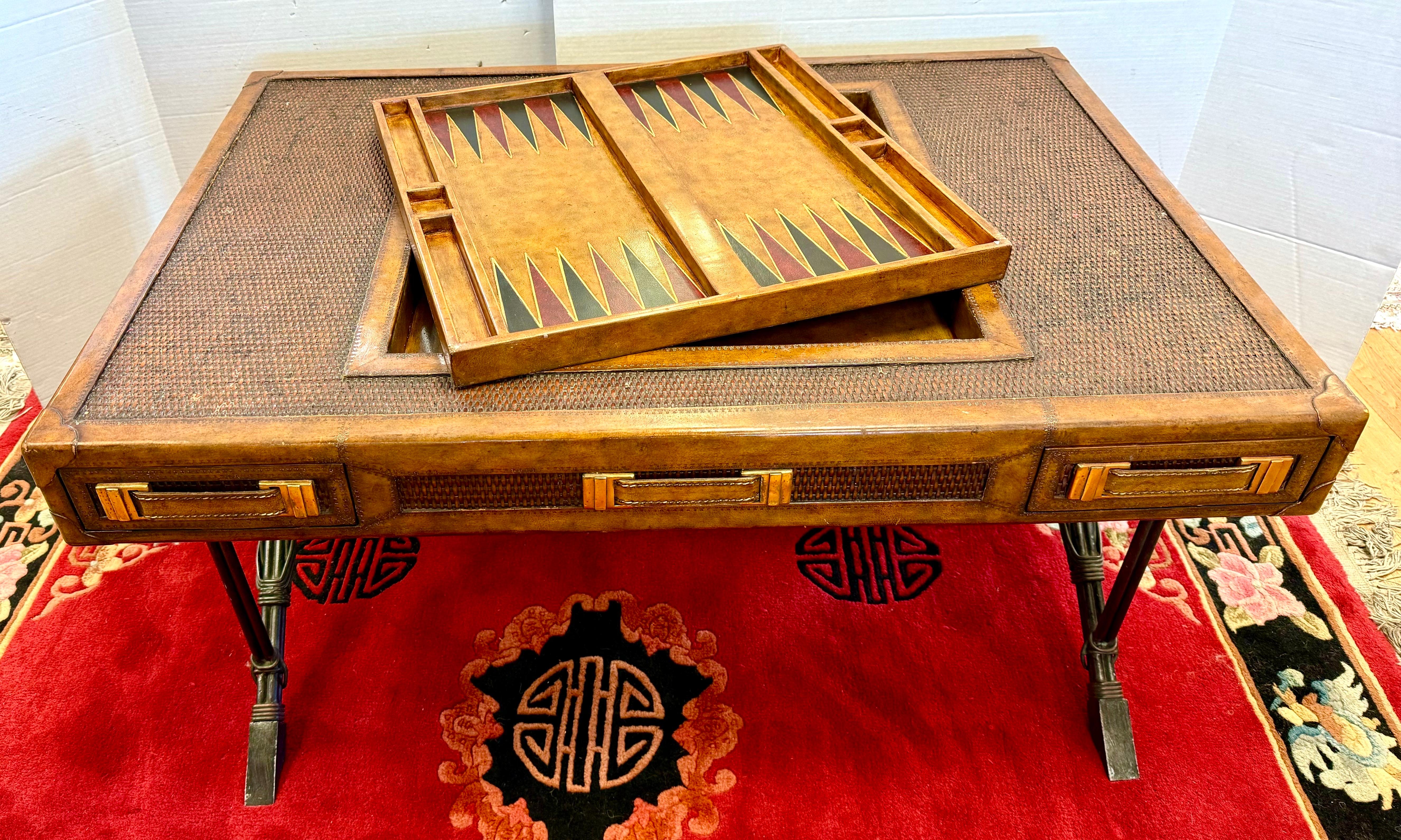 Maitland Smith Leather and Rattan Campaign Game Table Coffee Cocktail Table In Good Condition In West Hartford, CT