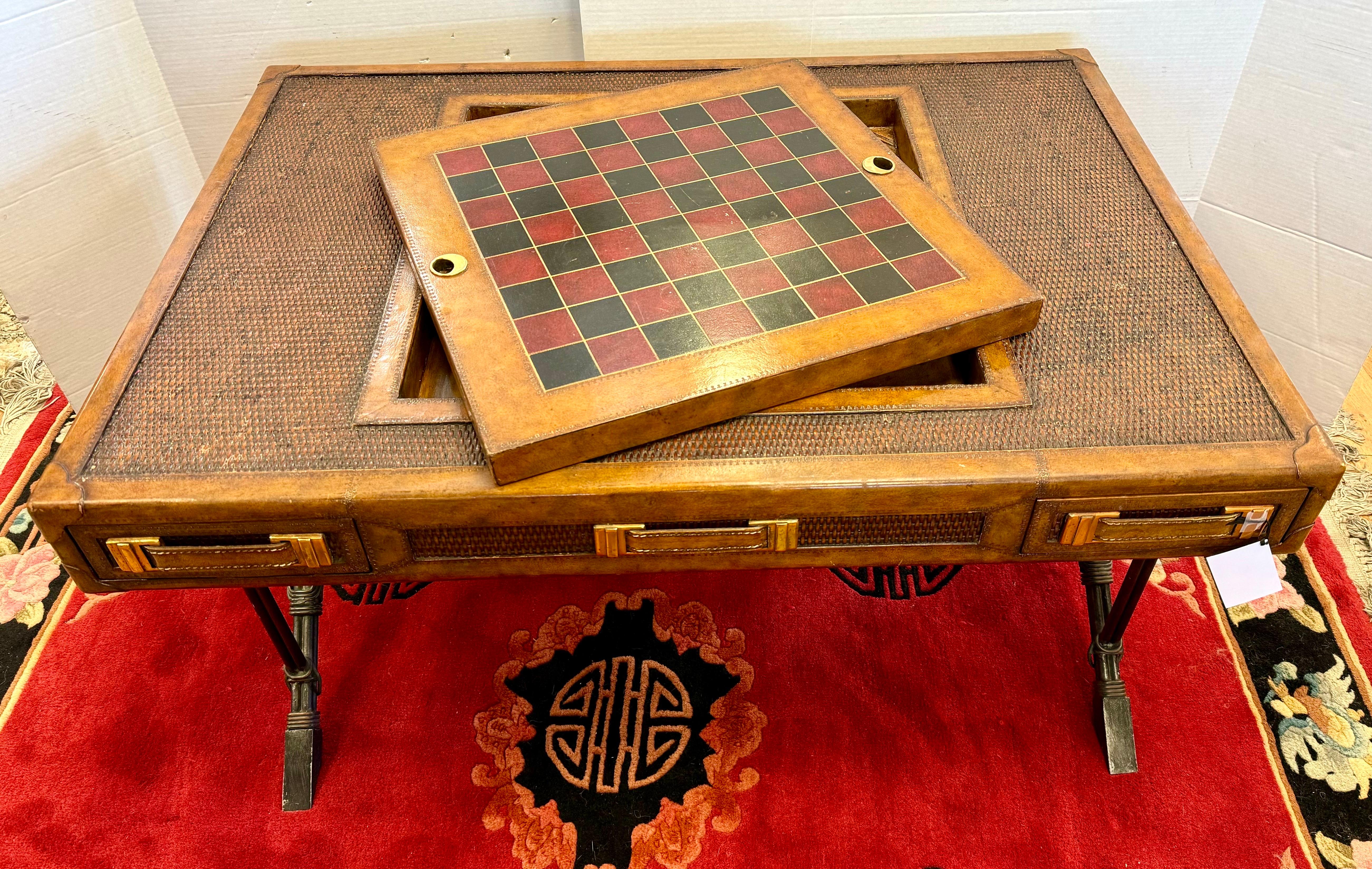 Contemporary Maitland Smith Leather and Rattan Campaign Game Table Coffee Cocktail Table