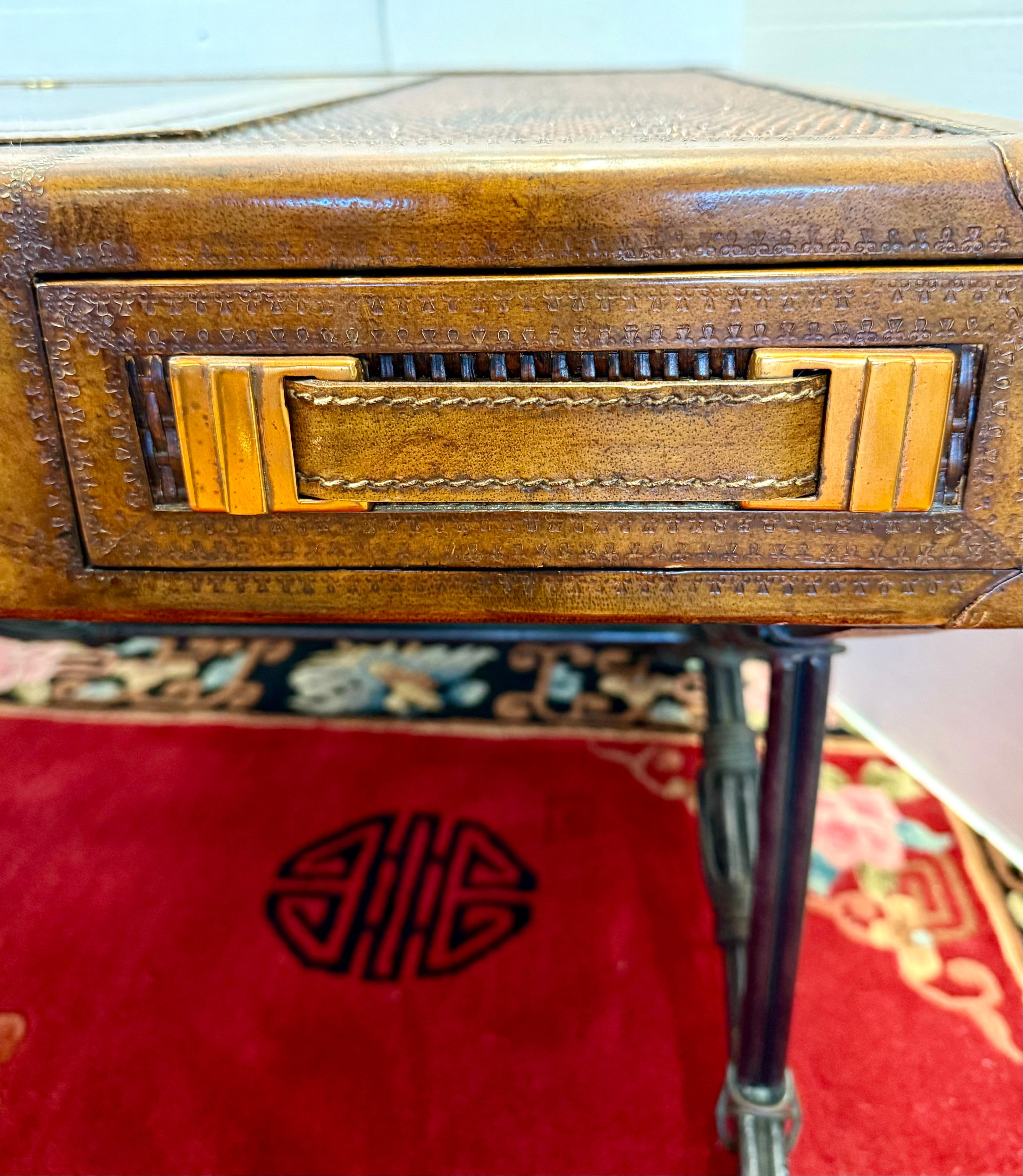 Metal Maitland Smith Leather and Rattan Campaign Game Table Coffee Cocktail Table