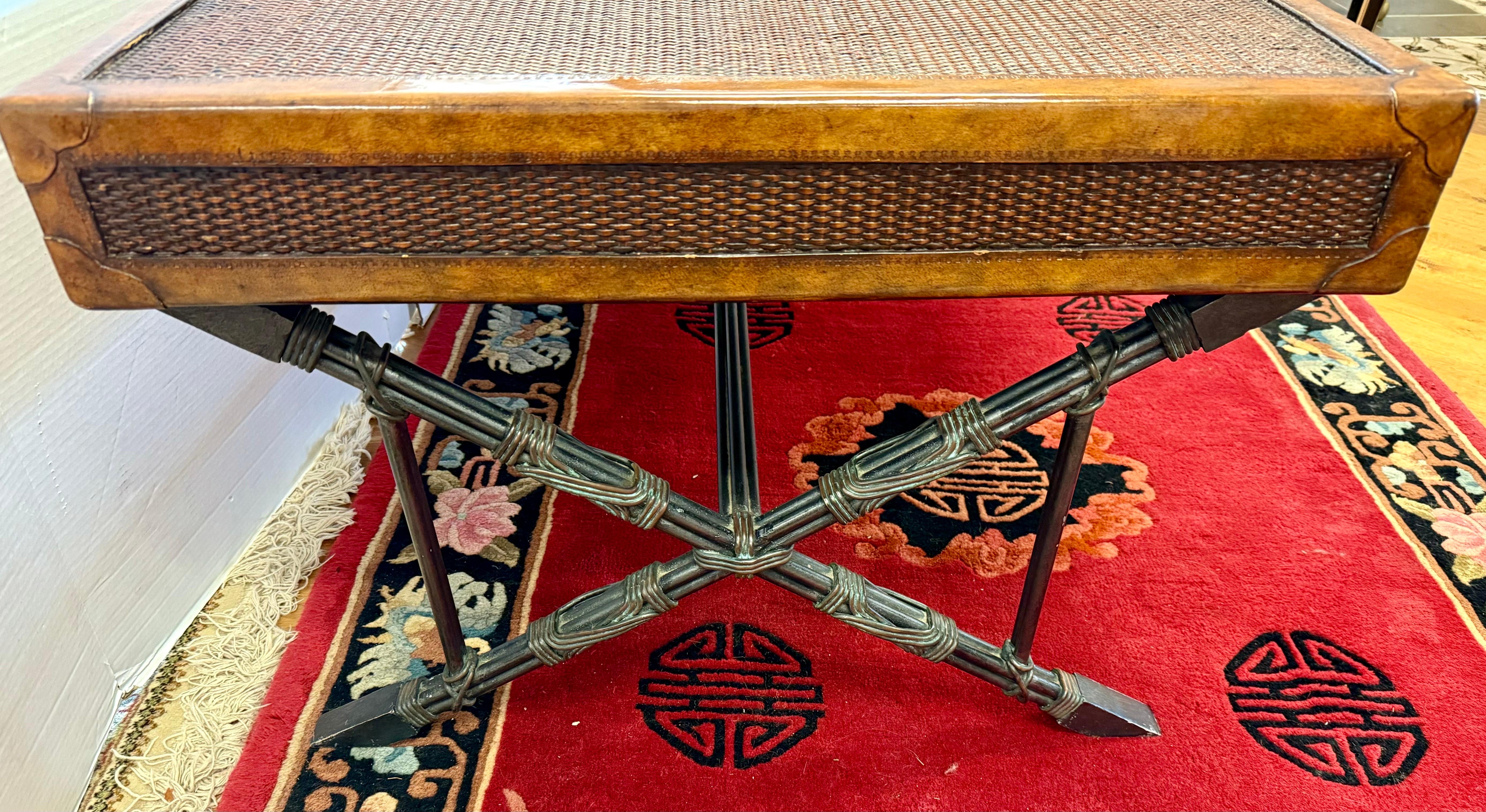 Maitland Smith Leather and Rattan Campaign Game Table Coffee Cocktail Table 1