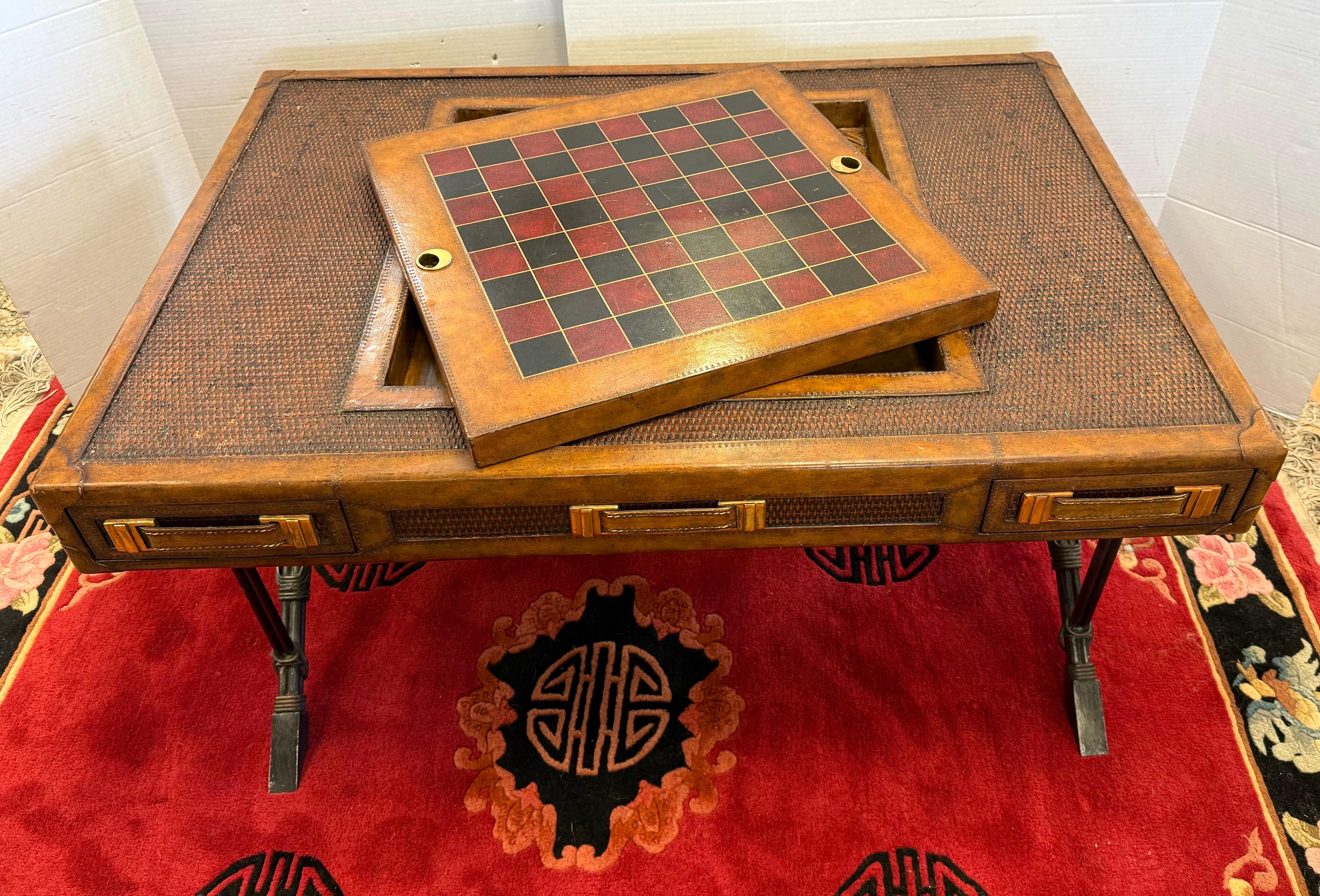 Maitland Smith Leather and Rattan Campaign Game Table Coffee Cocktail Table 2