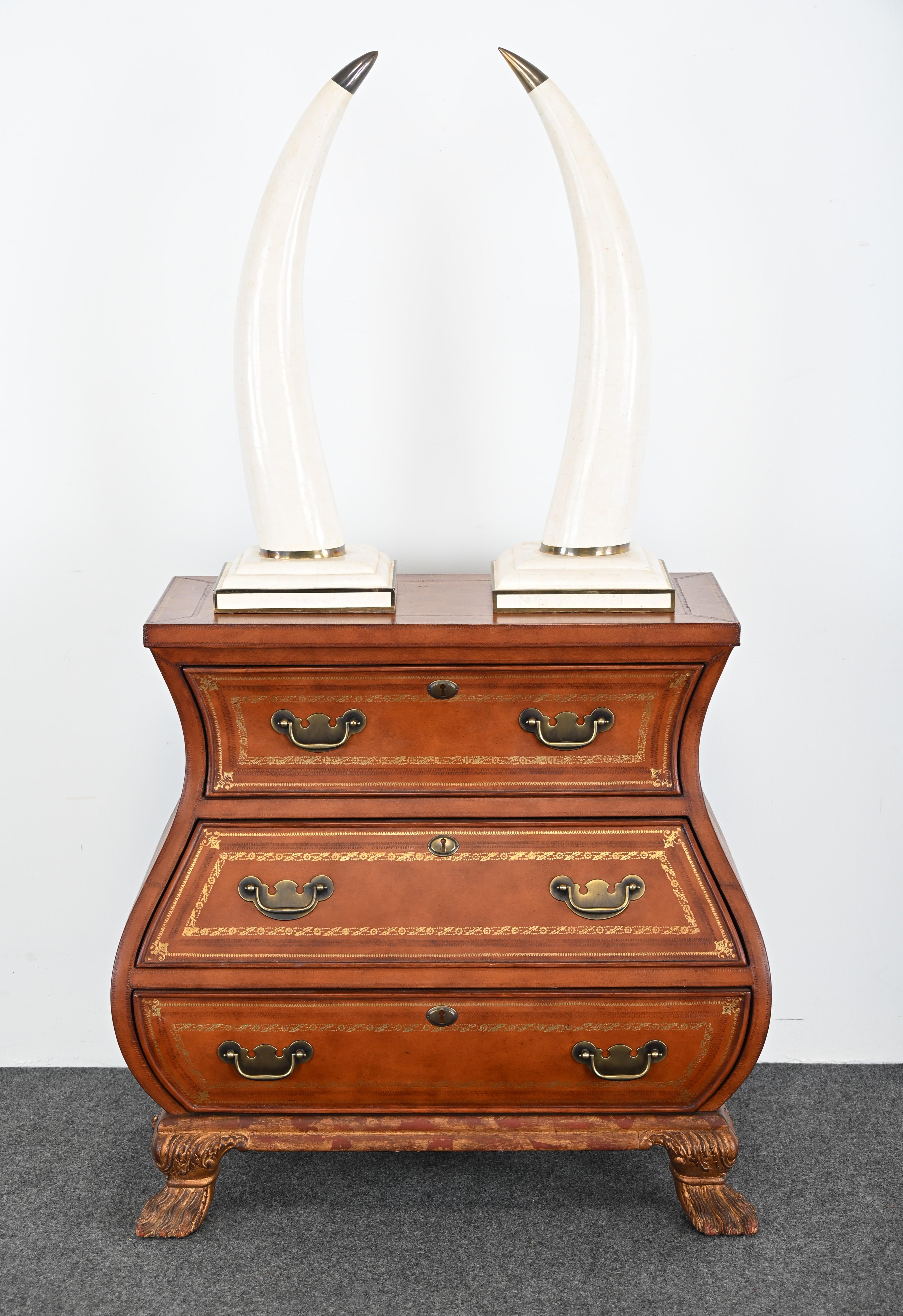 Rococo Revival Maitland Smith Leather Bombe Baker-Style Chest For Sale