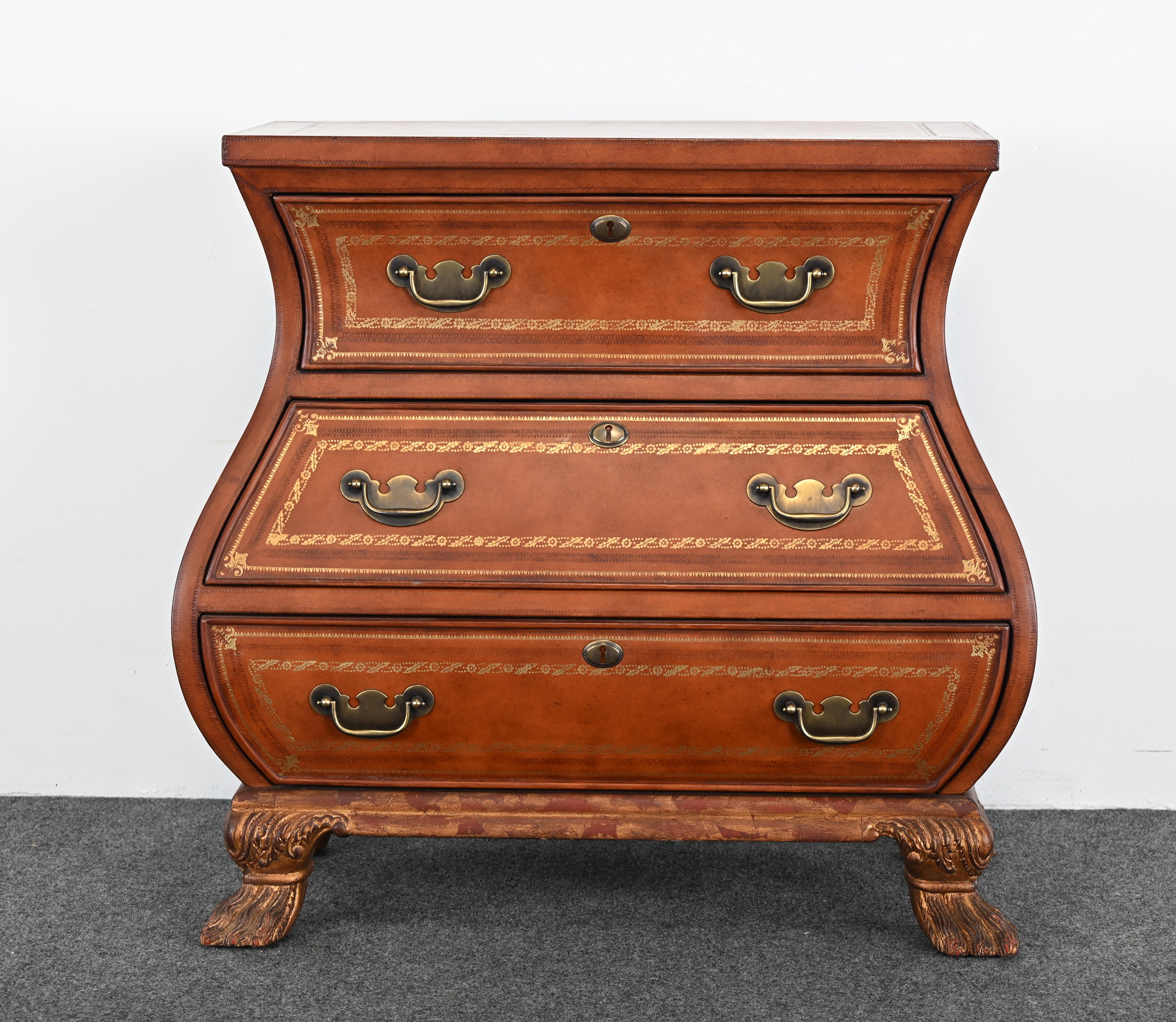 20th Century Maitland Smith Leather Bombe Baker-Style Chest For Sale