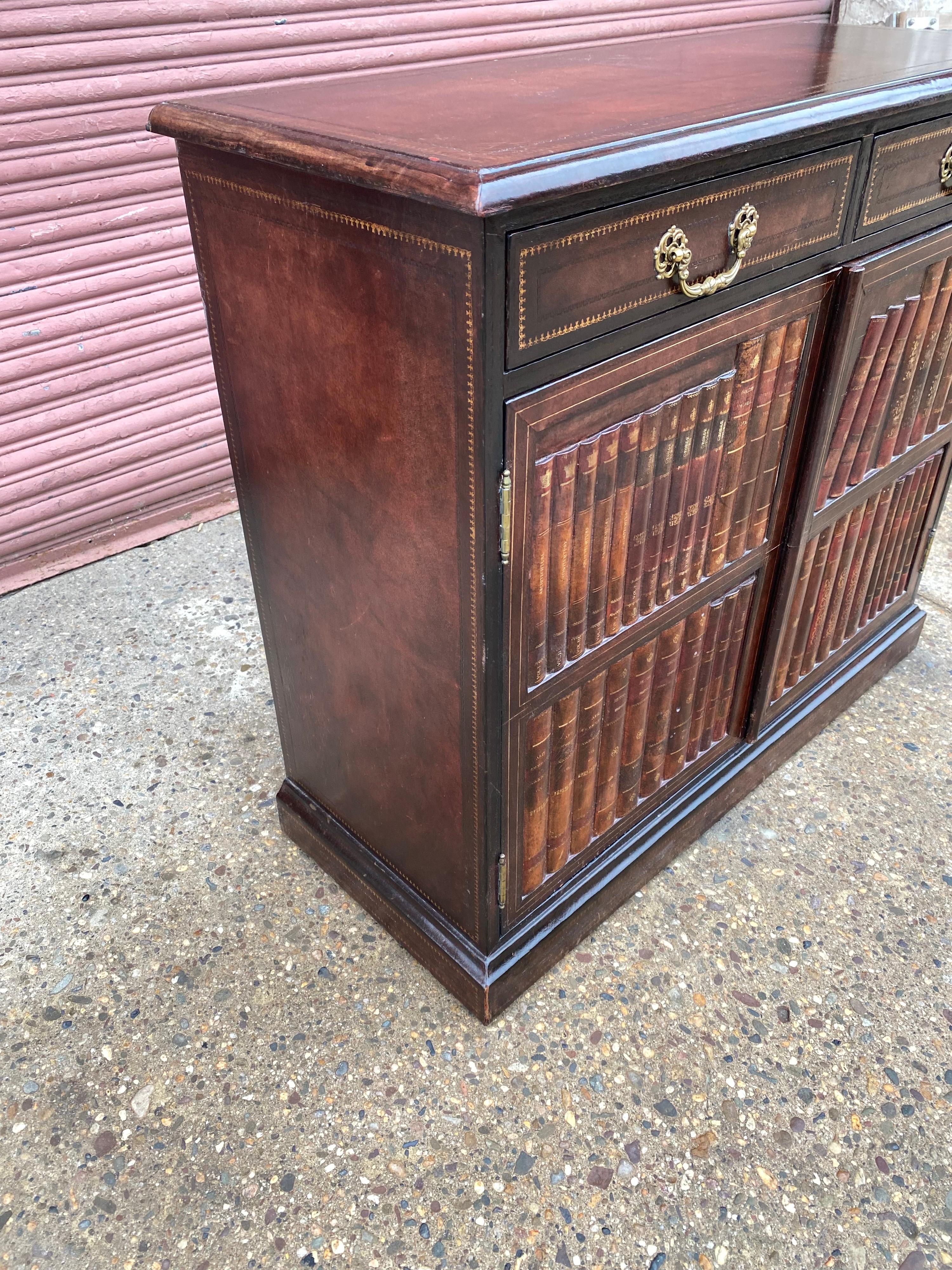 Hollywood Regency Maitland Smith Leather Covered Faux Bookcase Cabinet