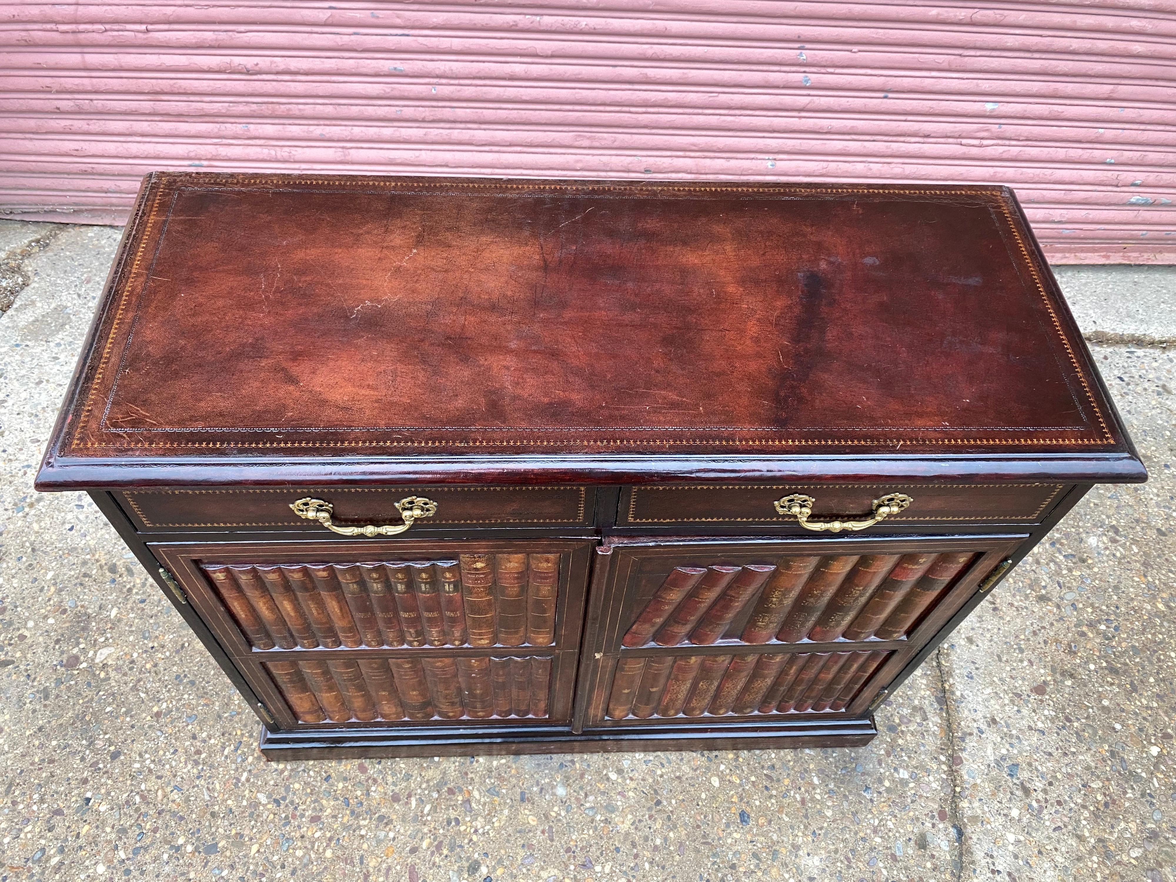 Maitland Smith Leather Covered Faux Bookcase Cabinet In Good Condition In Philadelphia, PA