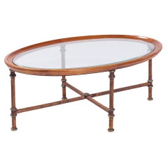 Maitland Smith Leather, Glass and Mahogany Oval Coffee Table
