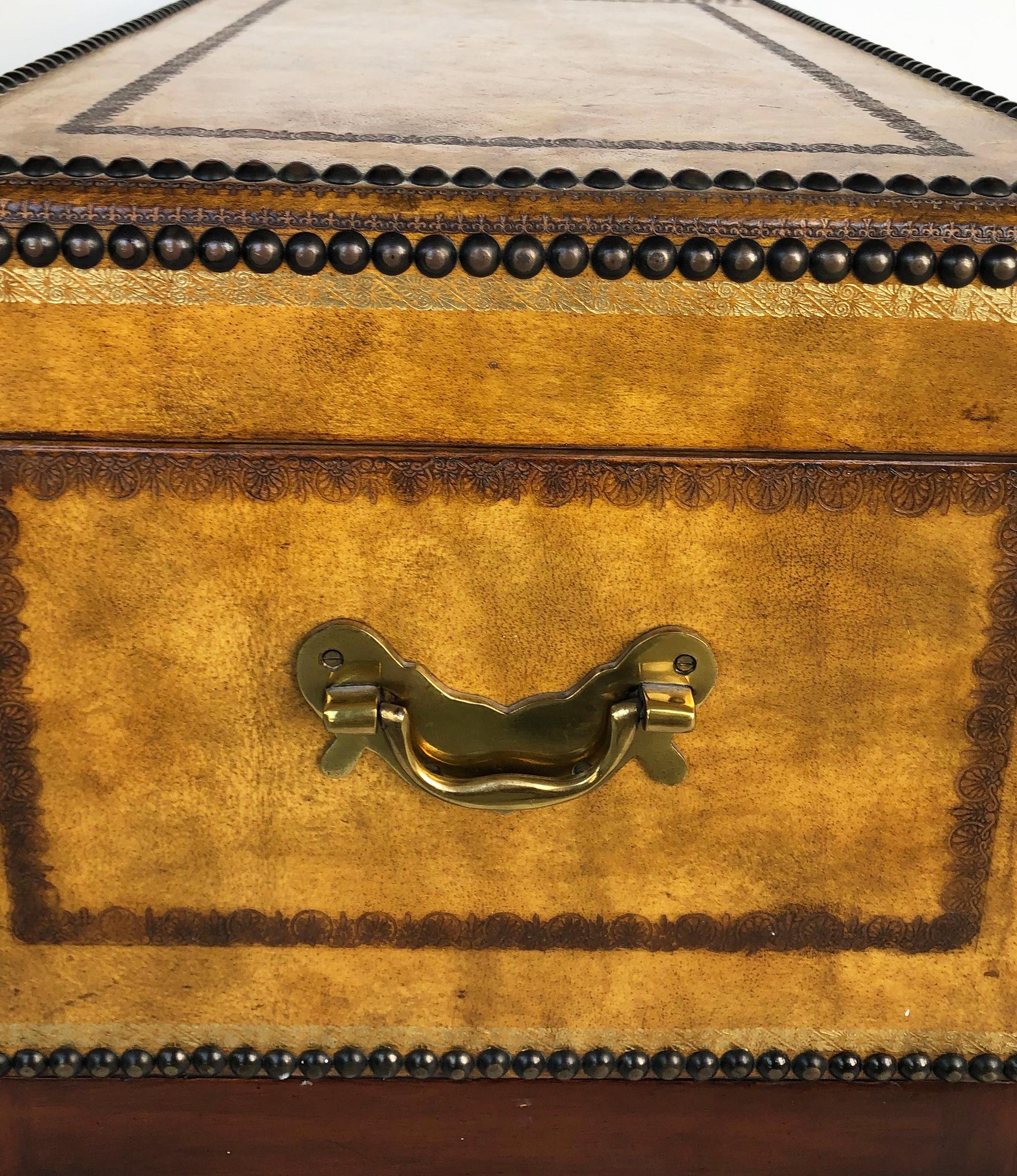 Metal Maitland Smith Leather Trunk on Stand with Nail Head Trim & Decoration