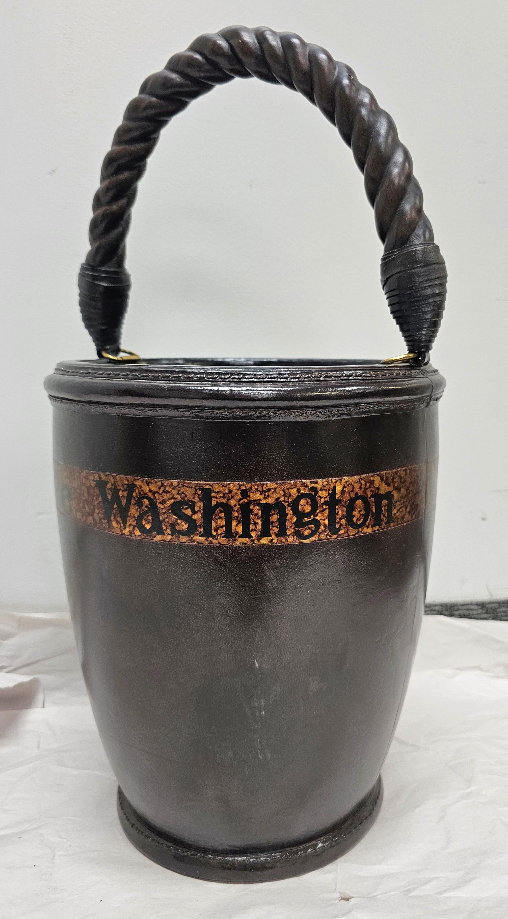 Stained Maitland Smith Leather Wrapped and Twisted Handle George Washington Pail For Sale