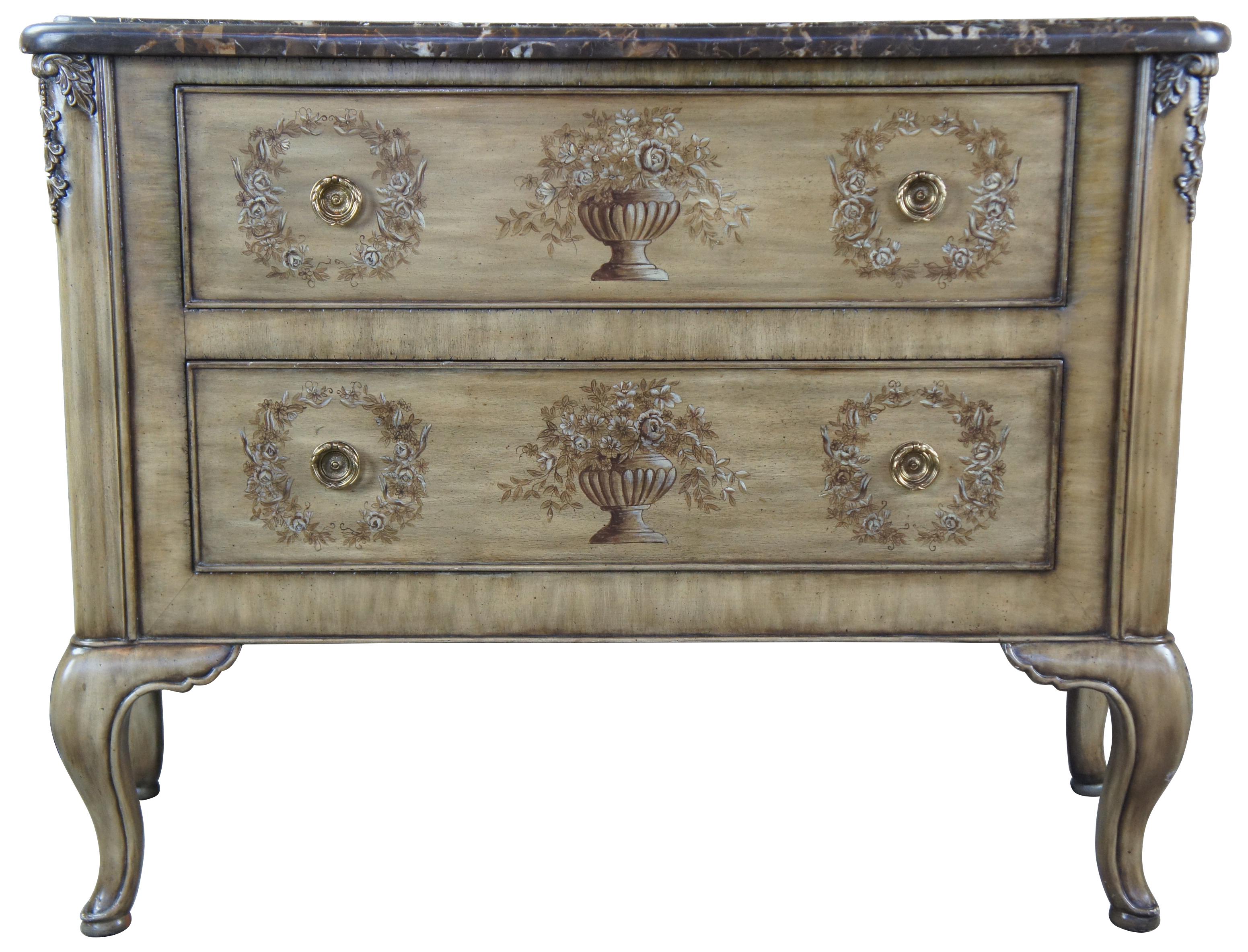 Maitland Smith hand painted stone top chest, circa 1990s. Features Louis XV styling with hand painted floral detail and brass hardware. Measures: 52