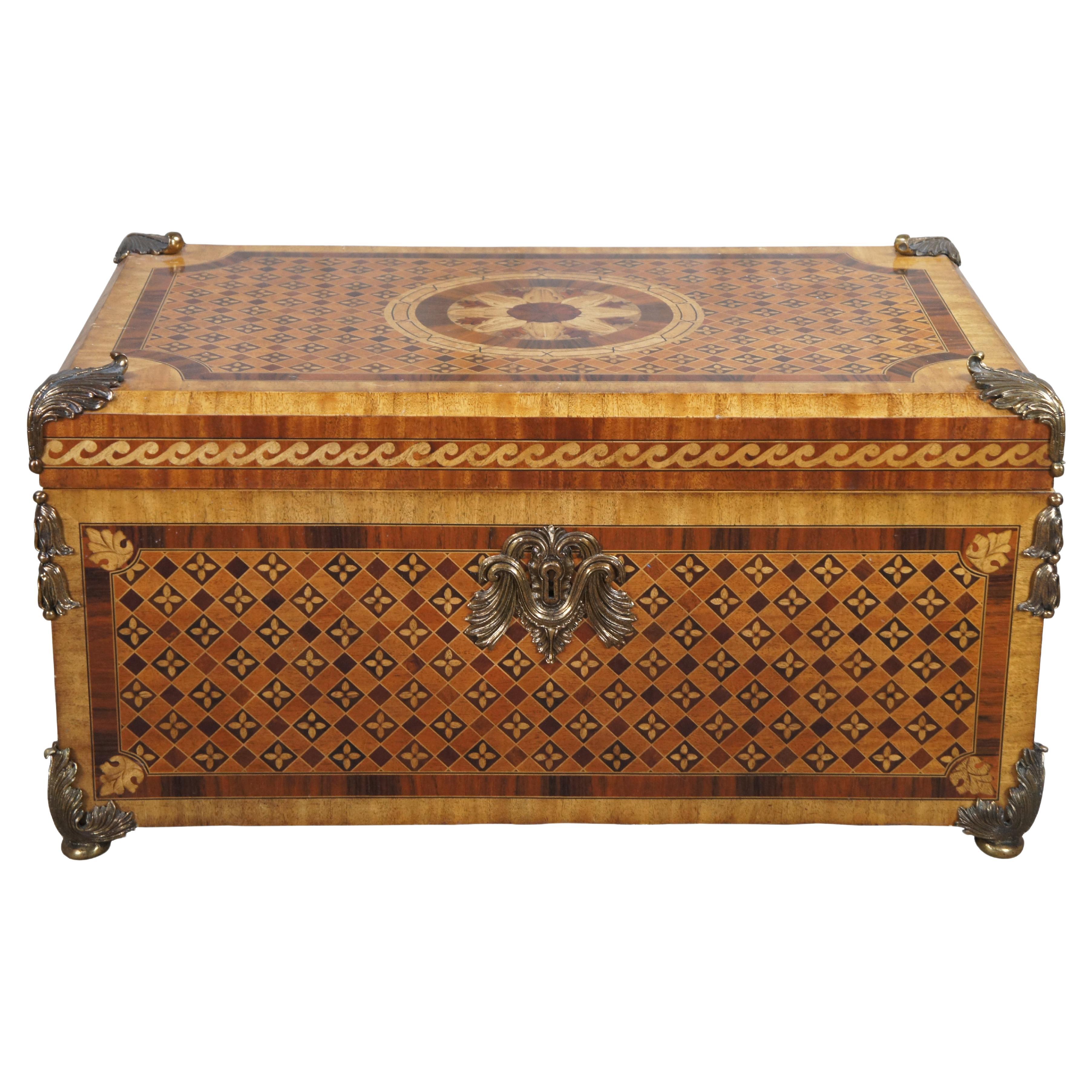 Maitland Smith Louis XVI Mahogany Marquetry Inlay Blanket Chest Trunk Box 32" For Sale