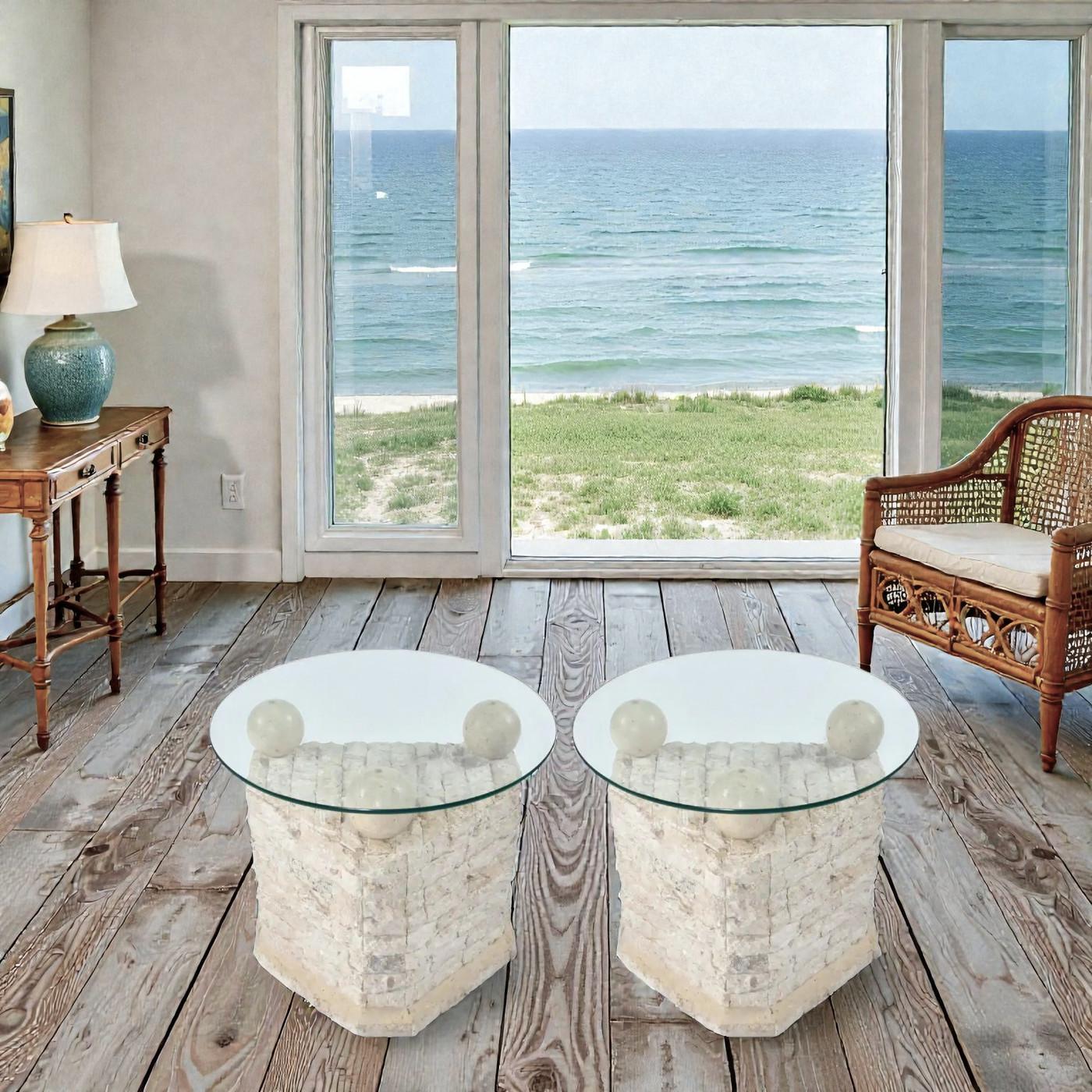 Maitland Smith Mactan Stone Tessellated Orb End Tables, 1980s For