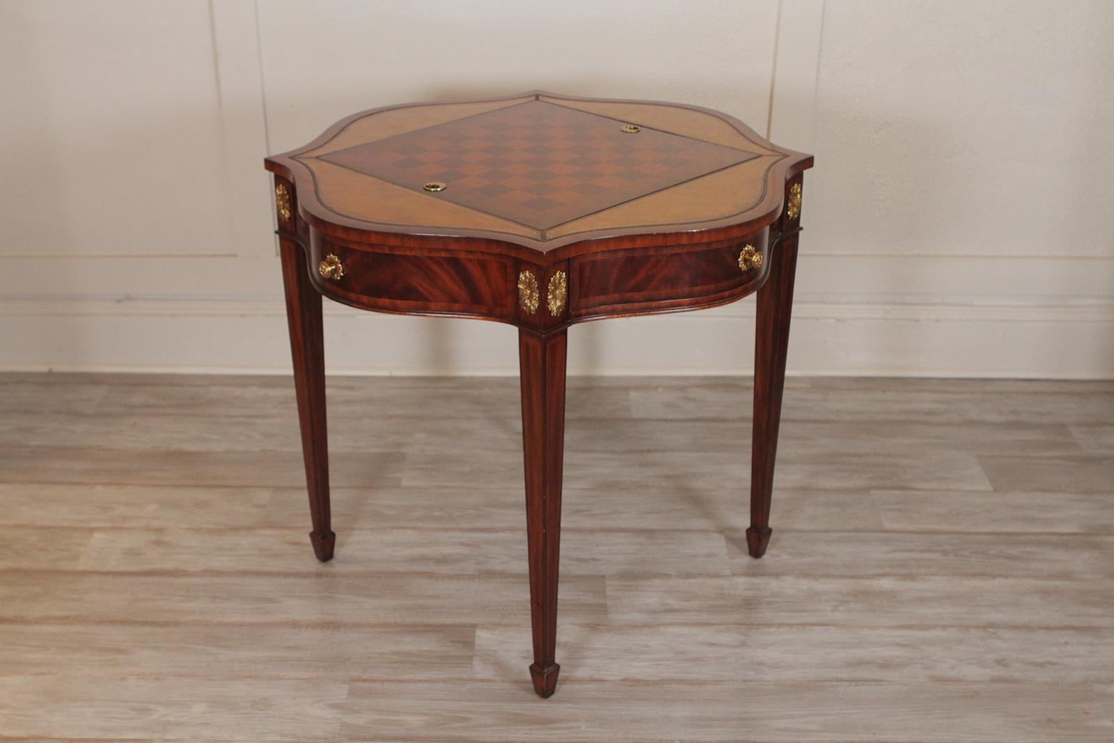 Elegant mahogany Maitland Smith game table with leather and gilt mounts. The scalloped top with reversible game board in center.
The inlaid chess board reverses to a leather covered backgammon game board.
Dimensions: 34” W x 34” D x 30” H.