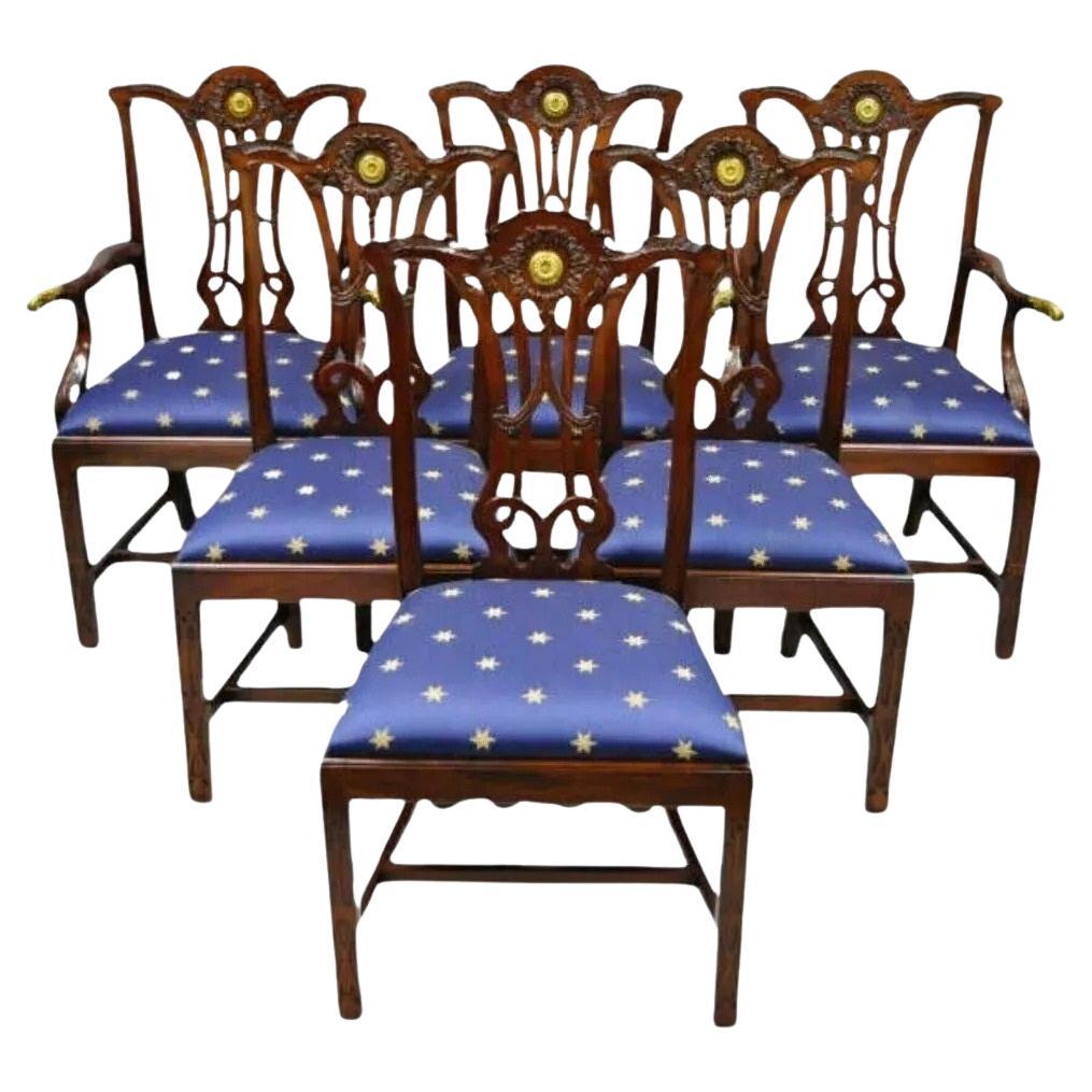 Maitland Smith Mahogany Chippendale Style Dining Chairs Brass Ormolu - Set of 6