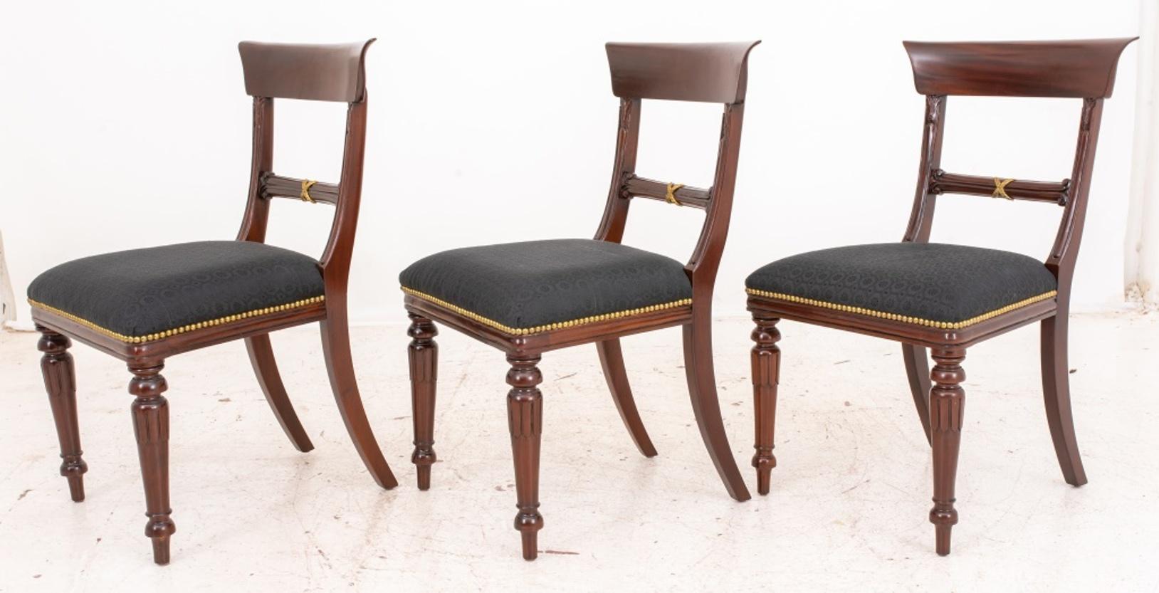 Set of six Maitland Smith Regency style carved mahogany side chairs, each with seat upholstered in black jacquard. 34.5