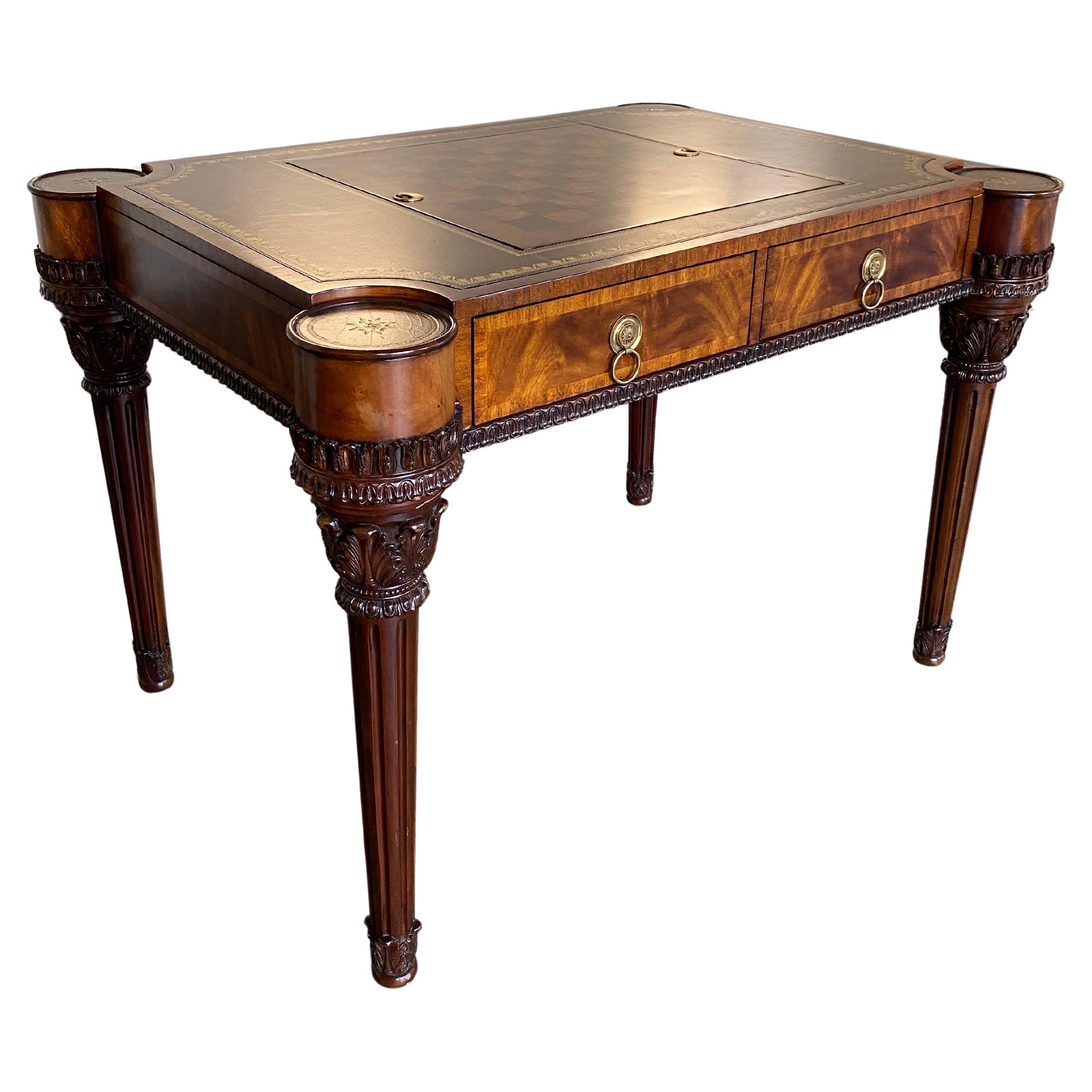 Maitland-Smith Mahogany Game Table with Gilt-Embossed Leather Top For Sale