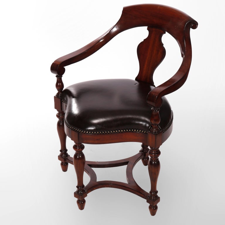 Maitland Smith Mahogany & Leather Barrel Back Corner Chair, 20th C In Good Condition For Sale In Big Flats, NY