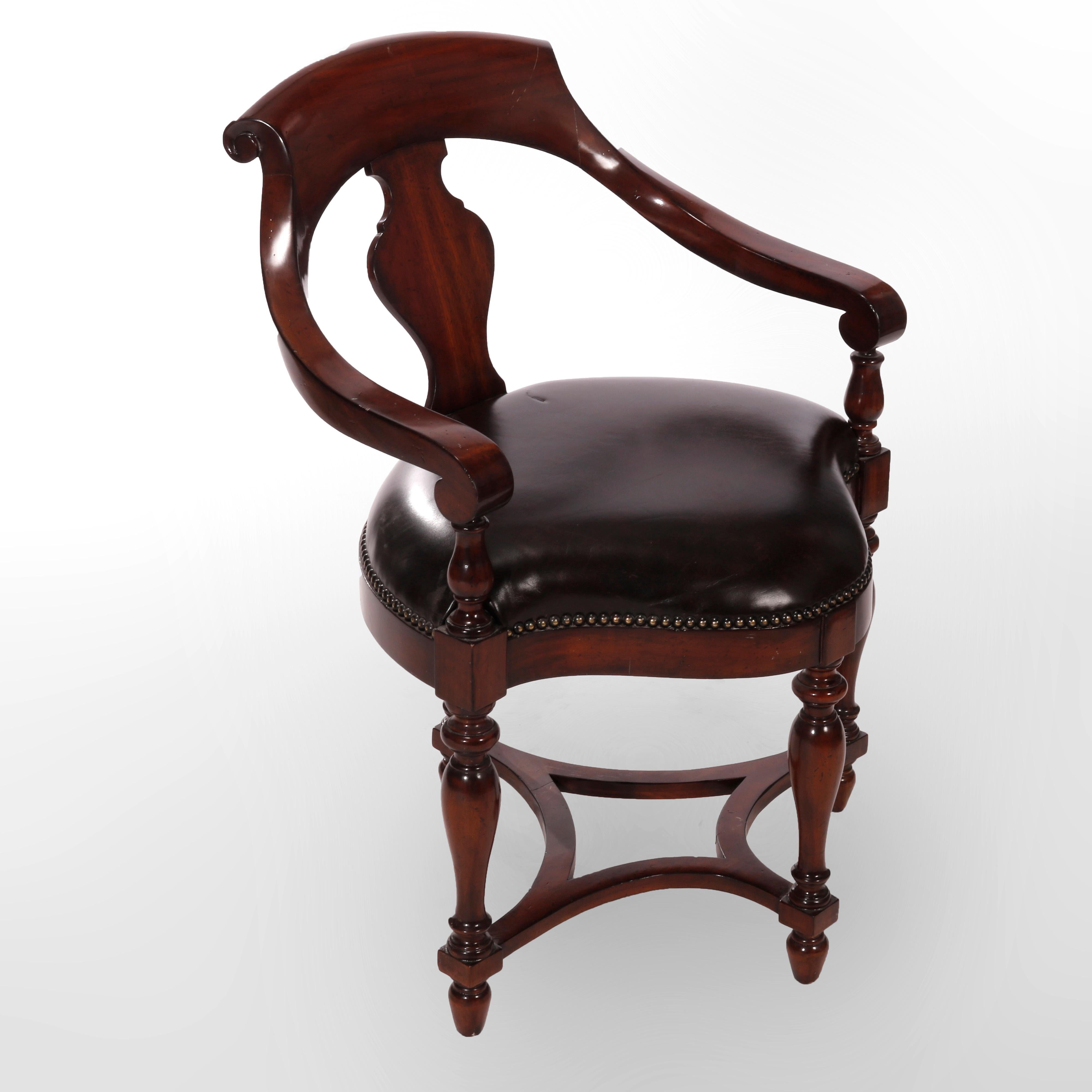 20th Century Maitland Smith Mahogany & Leather Barrel Back Corner Chair, 20th C