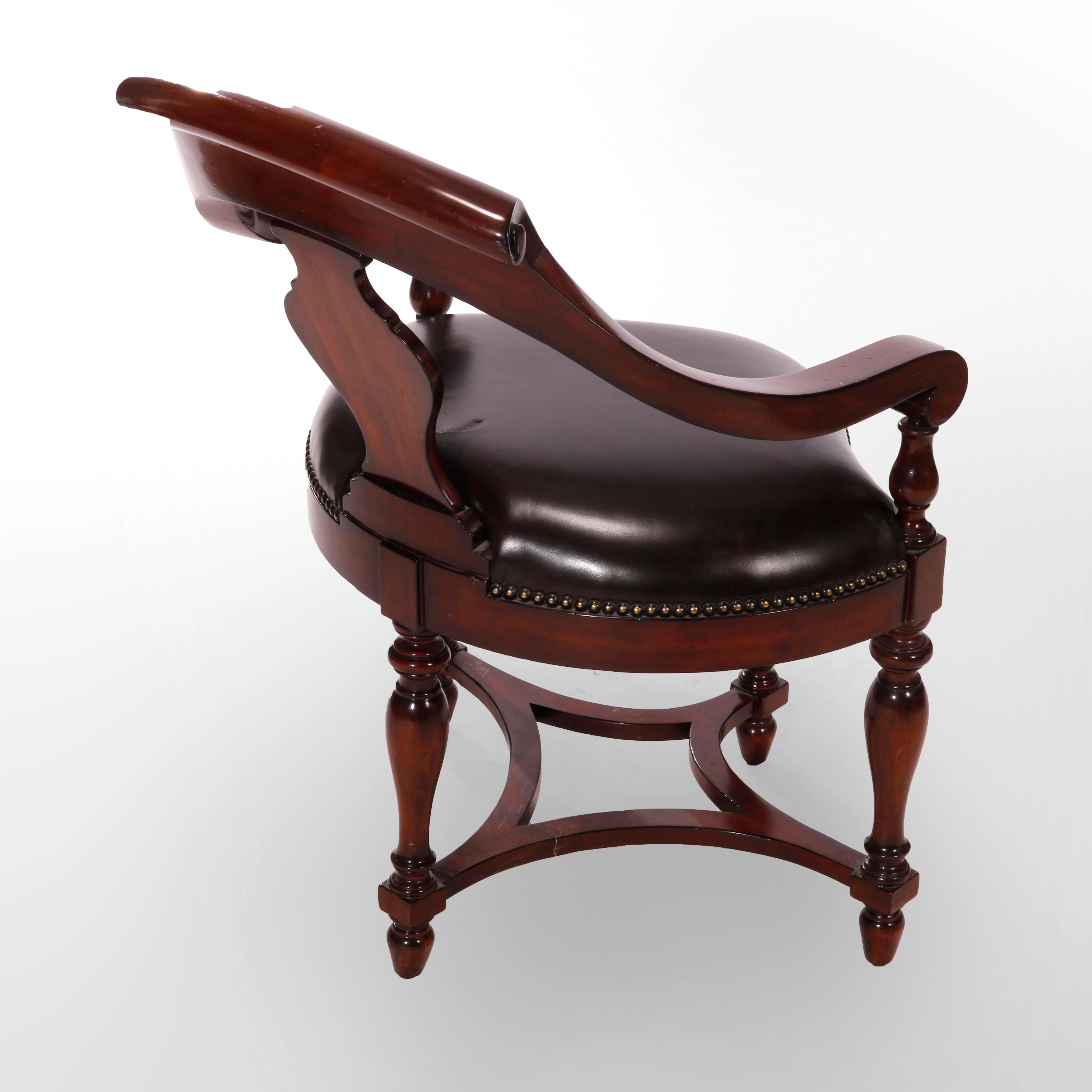 Maitland Smith Mahogany & Leather Barrel Back Corner Chair, 20th C 1