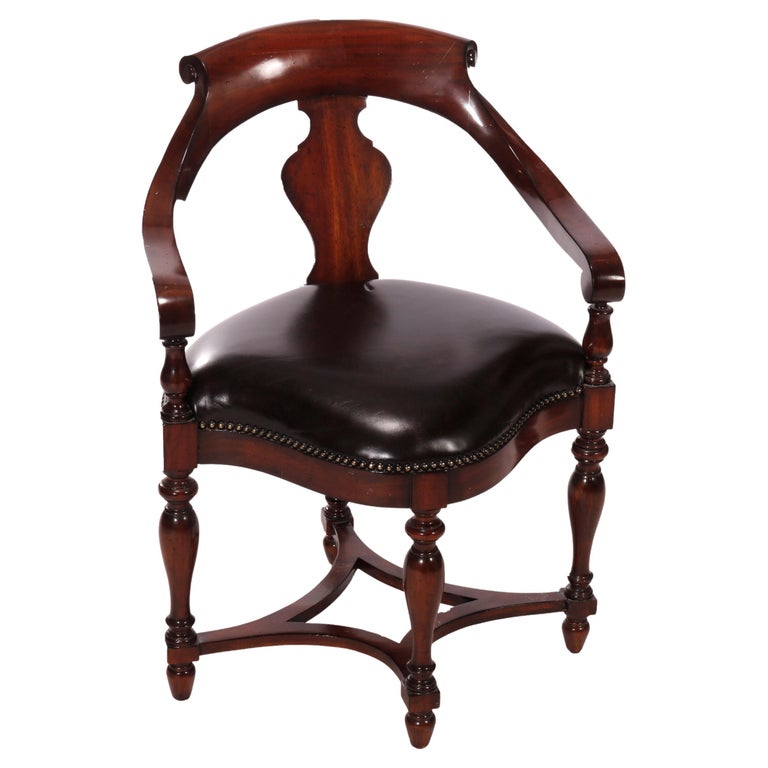 Maitland Smith Mahogany & Leather Barrel Back Corner Chair, 20th C For Sale