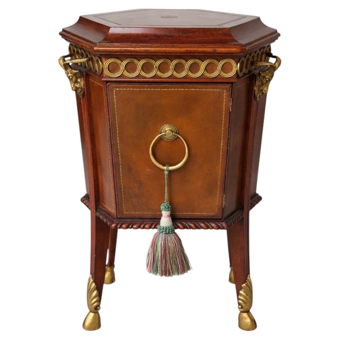 Maitland-Smith Mahogany Octagonal Cabinet with Hand-Tooled Leather & Ram’s Head For Sale