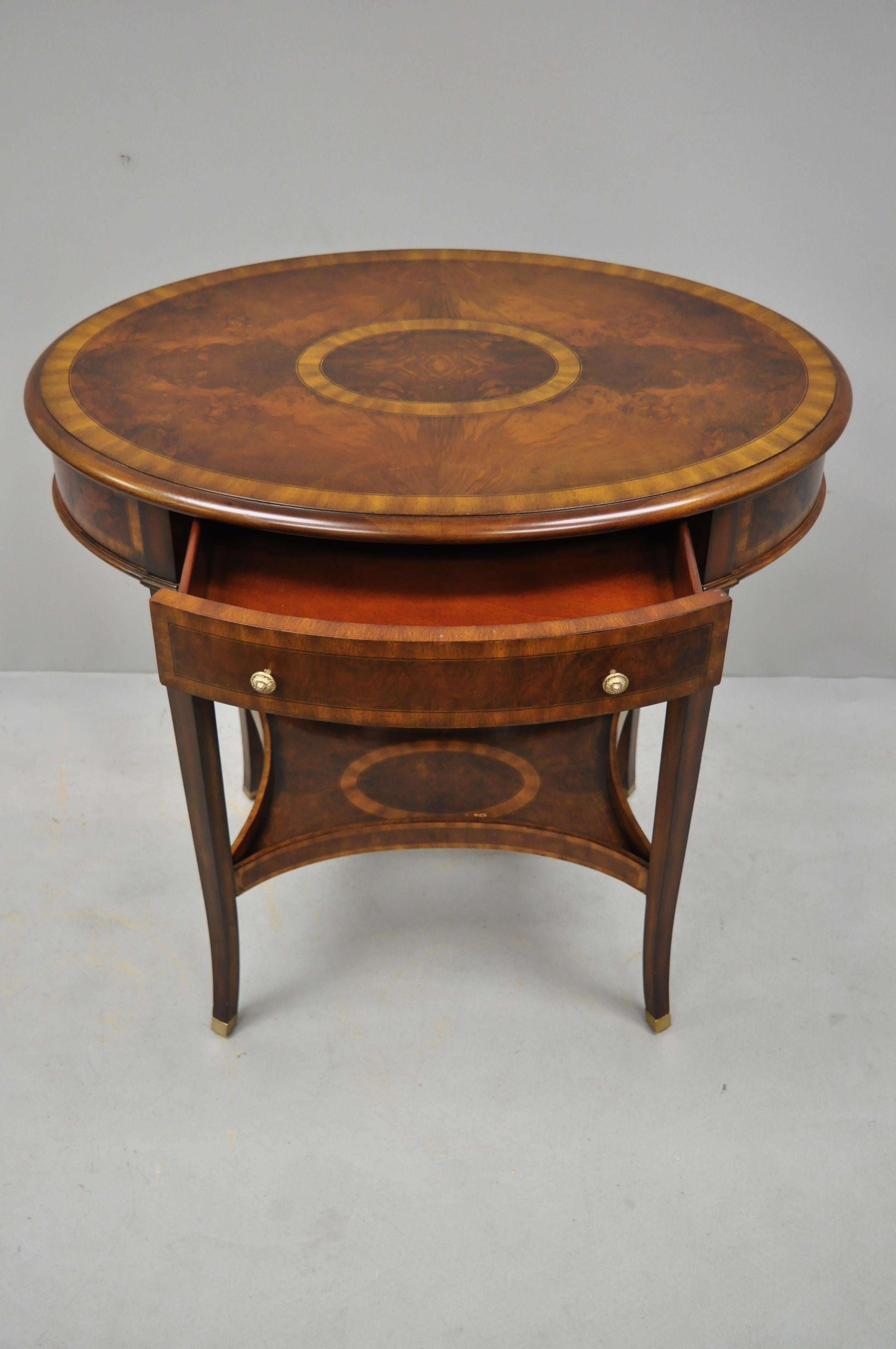 20th Century Maitland Smith Mahogany Oval Inlaid One Drawer Occasional Accent Side Table