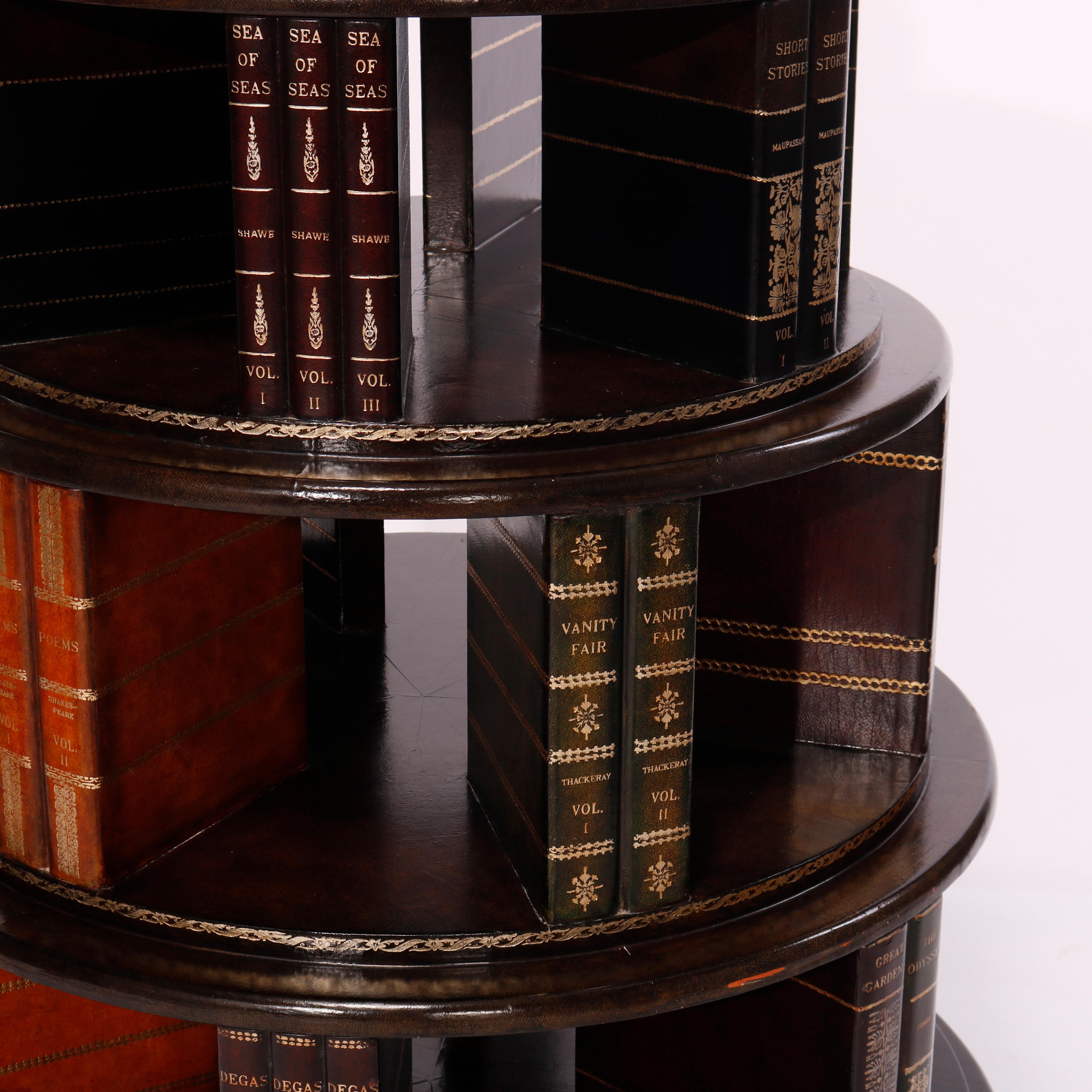 Maitland Smith Mahogany Revolving Book Stand & Tooled Leather Faux Books, 20th C 3