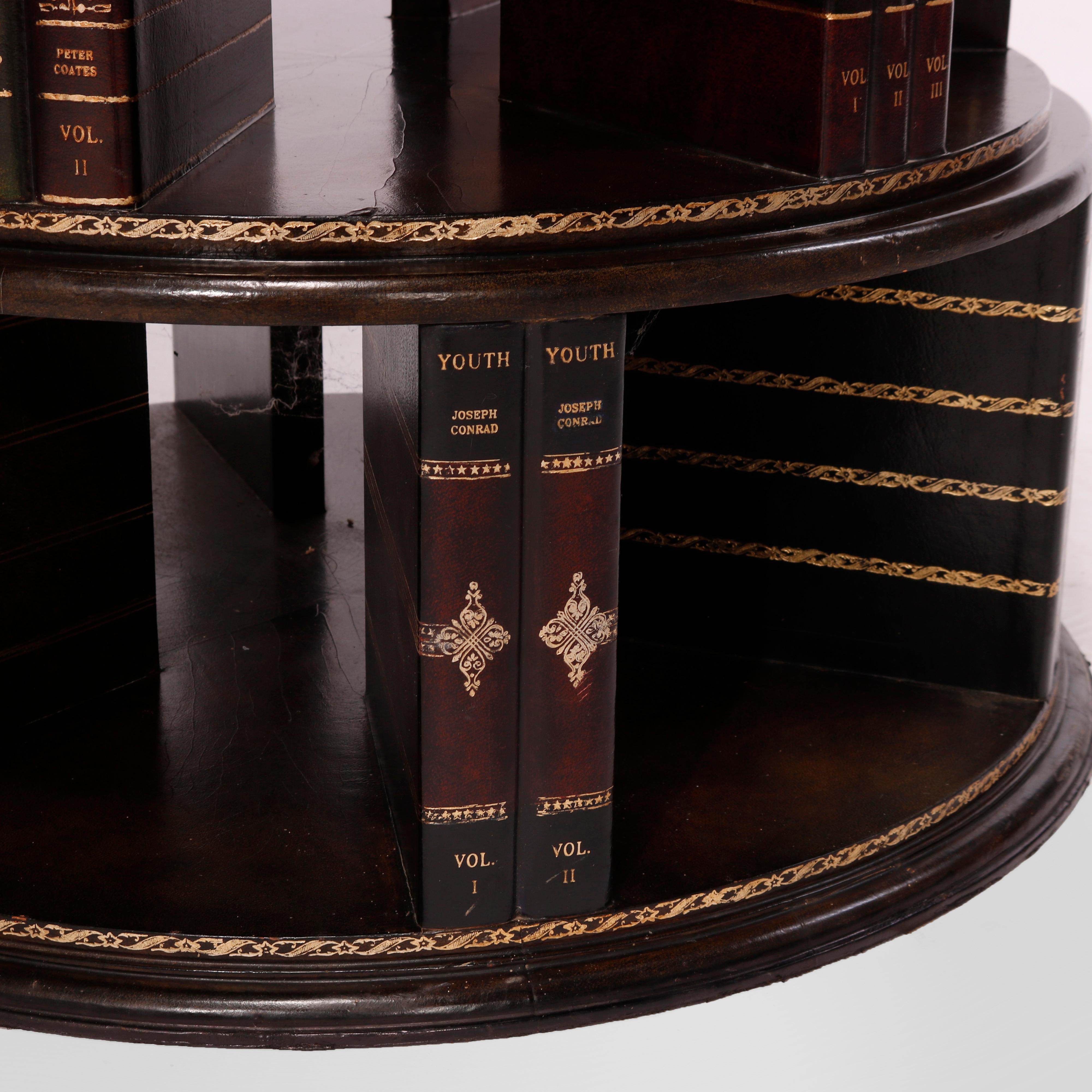 Maitland Smith Mahogany Revolving Book Stand & Tooled Leather Faux Books, 20th C 4