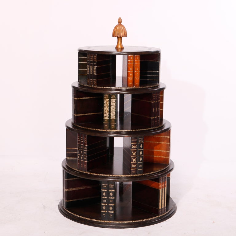 Gilt Maitland Smith Mahogany Revolving Book Stand & Tooled Leather Faux Books, 20th C For Sale