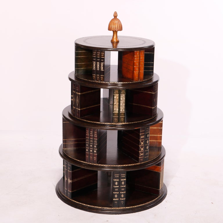 Maitland Smith Mahogany Revolving Book Stand & Tooled Leather Faux Books, 20th C In Good Condition For Sale In Big Flats, NY