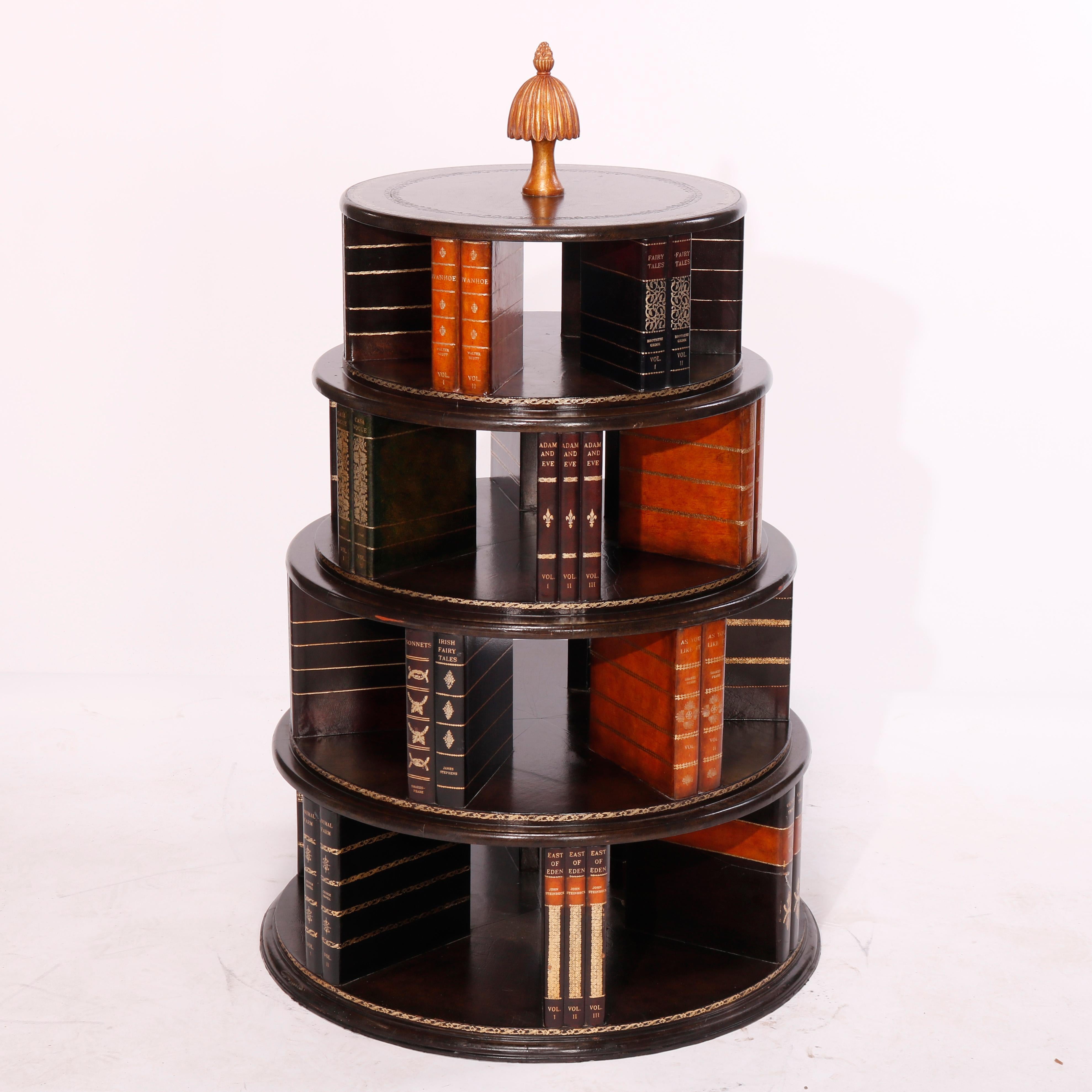 Gilt Maitland Smith Mahogany Revolving Book Stand & Tooled Leather Faux Books, 20th C