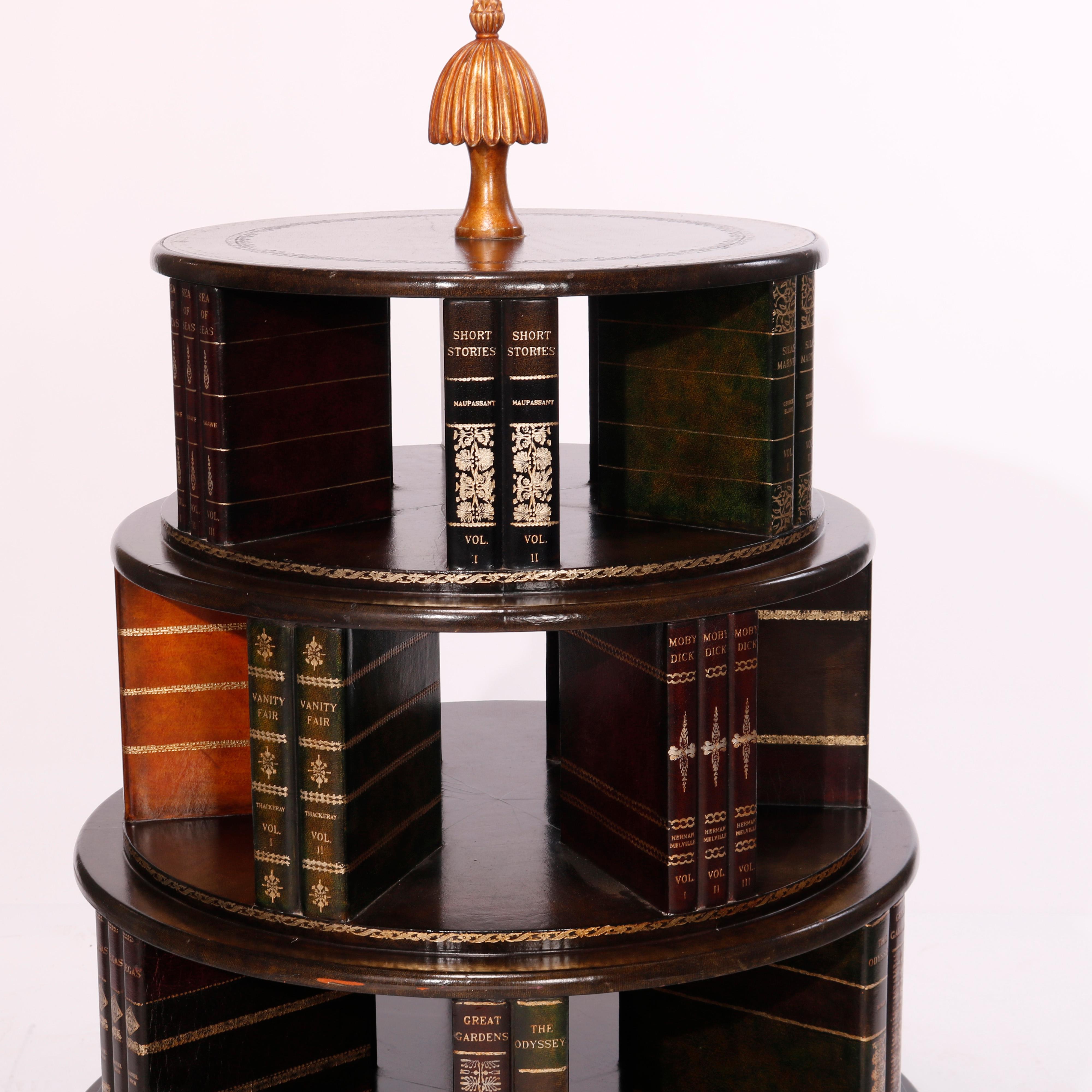 Maitland Smith Mahogany Revolving Book Stand & Tooled Leather Faux Books, 20th C In Good Condition In Big Flats, NY