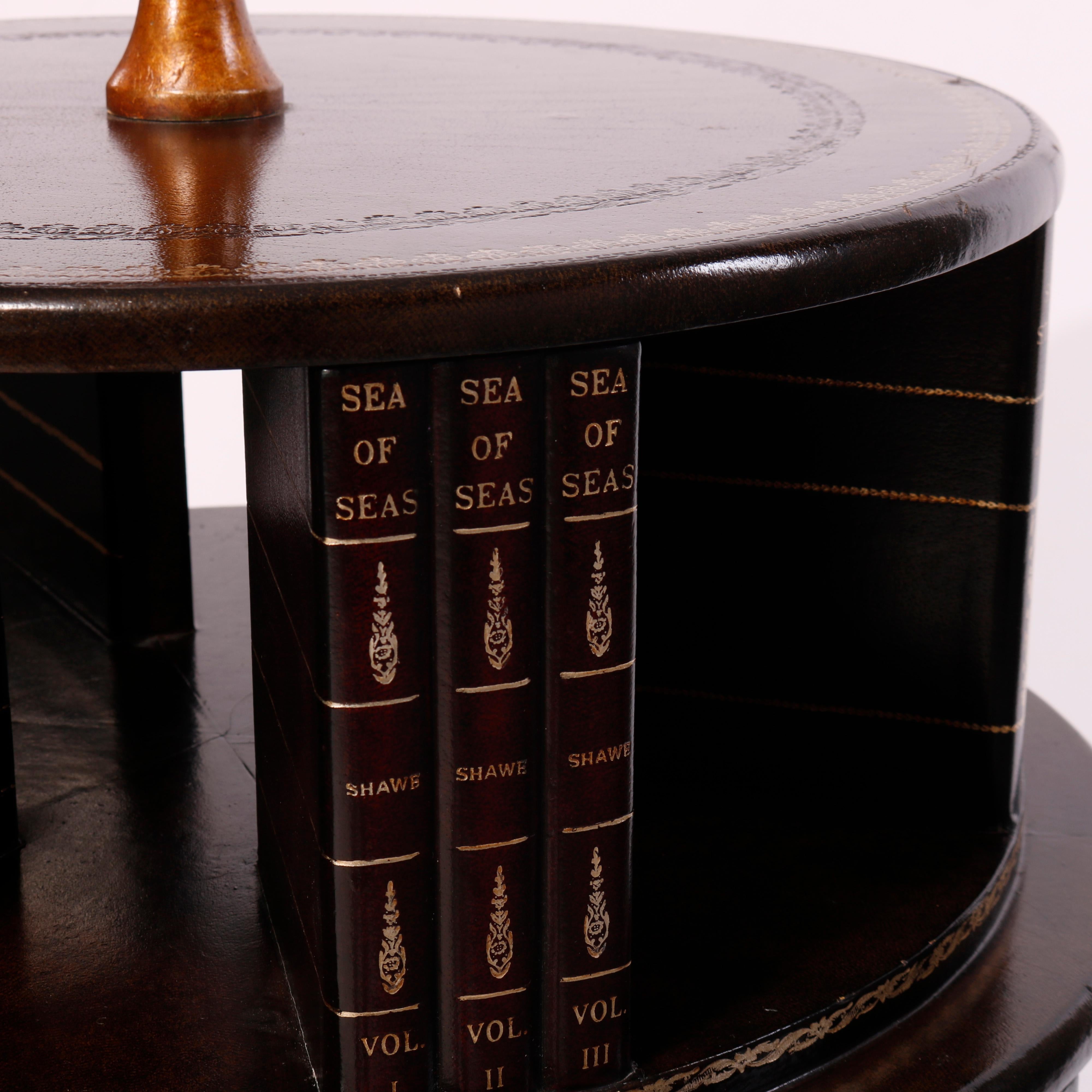 Maitland Smith Mahogany Revolving Book Stand & Tooled Leather Faux Books, 20th C 1