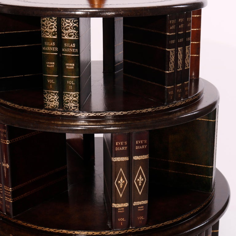 Maitland Smith Mahogany Revolving Book Stand & Tooled Leather Faux Books, 20th C For Sale 4
