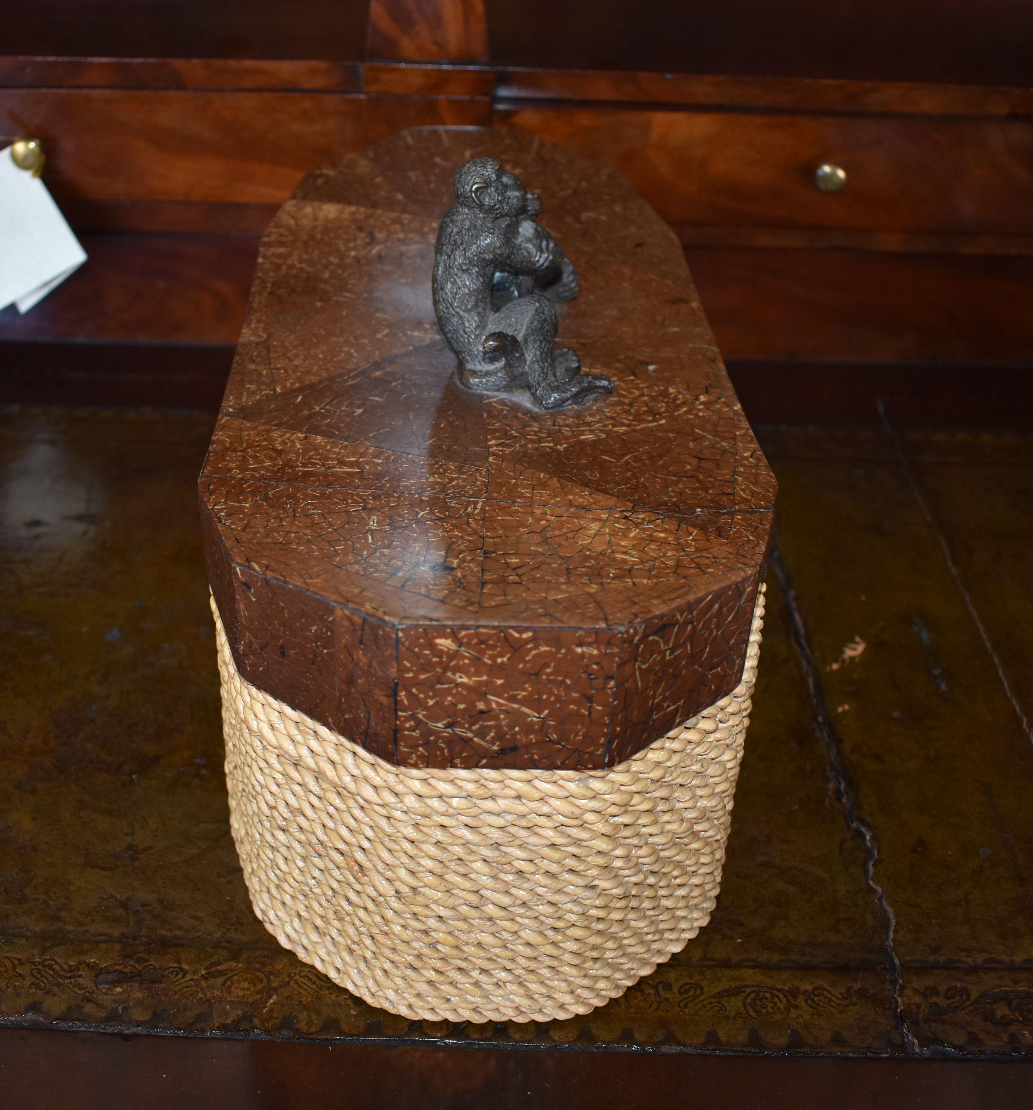 Maitland Smith with cast bronze monkeys lidded jewelry box cover with rope and coconut shell.