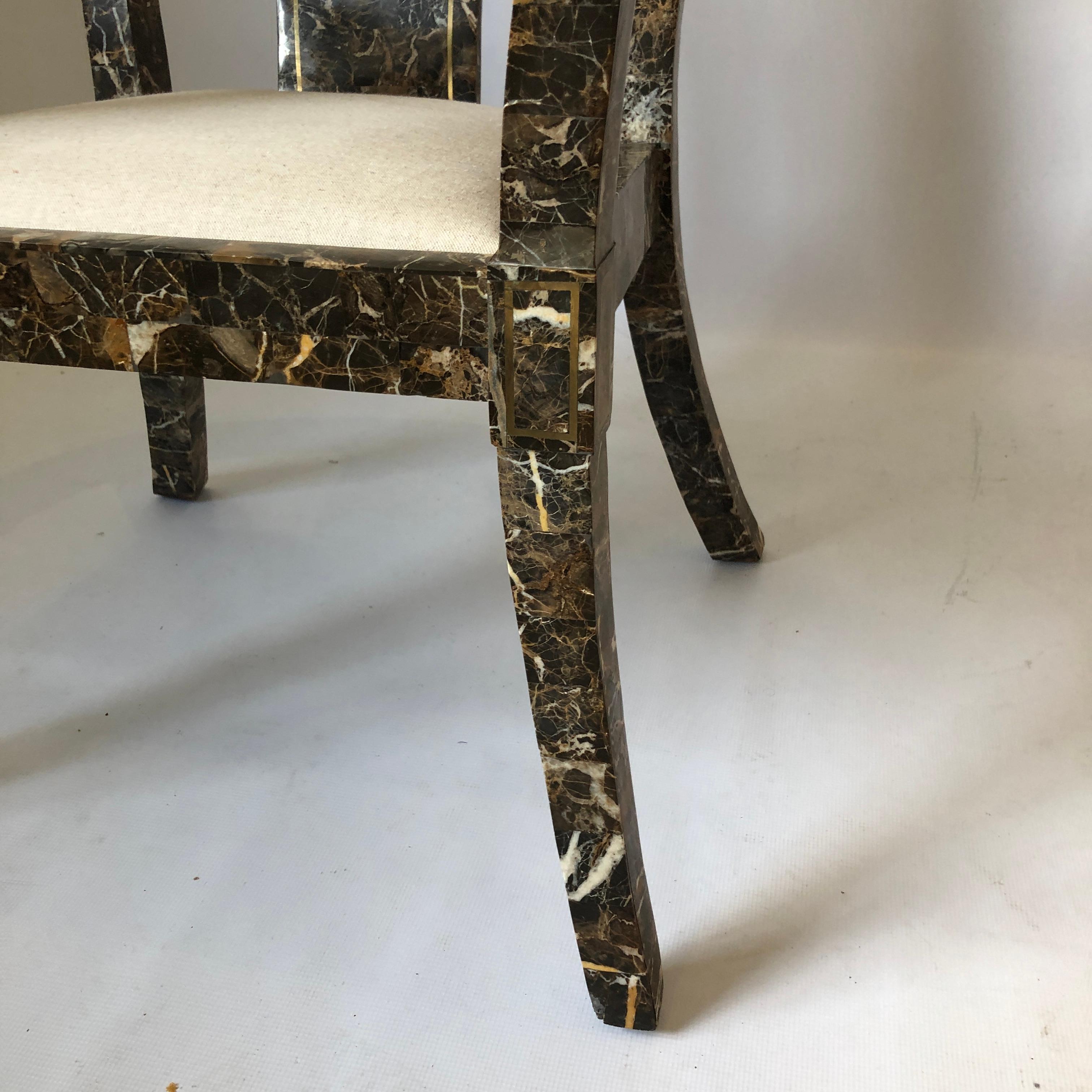 Maitland Smith Marble Tessellated Side Brass Chair #1 Postmodern Vintage 1970s 3