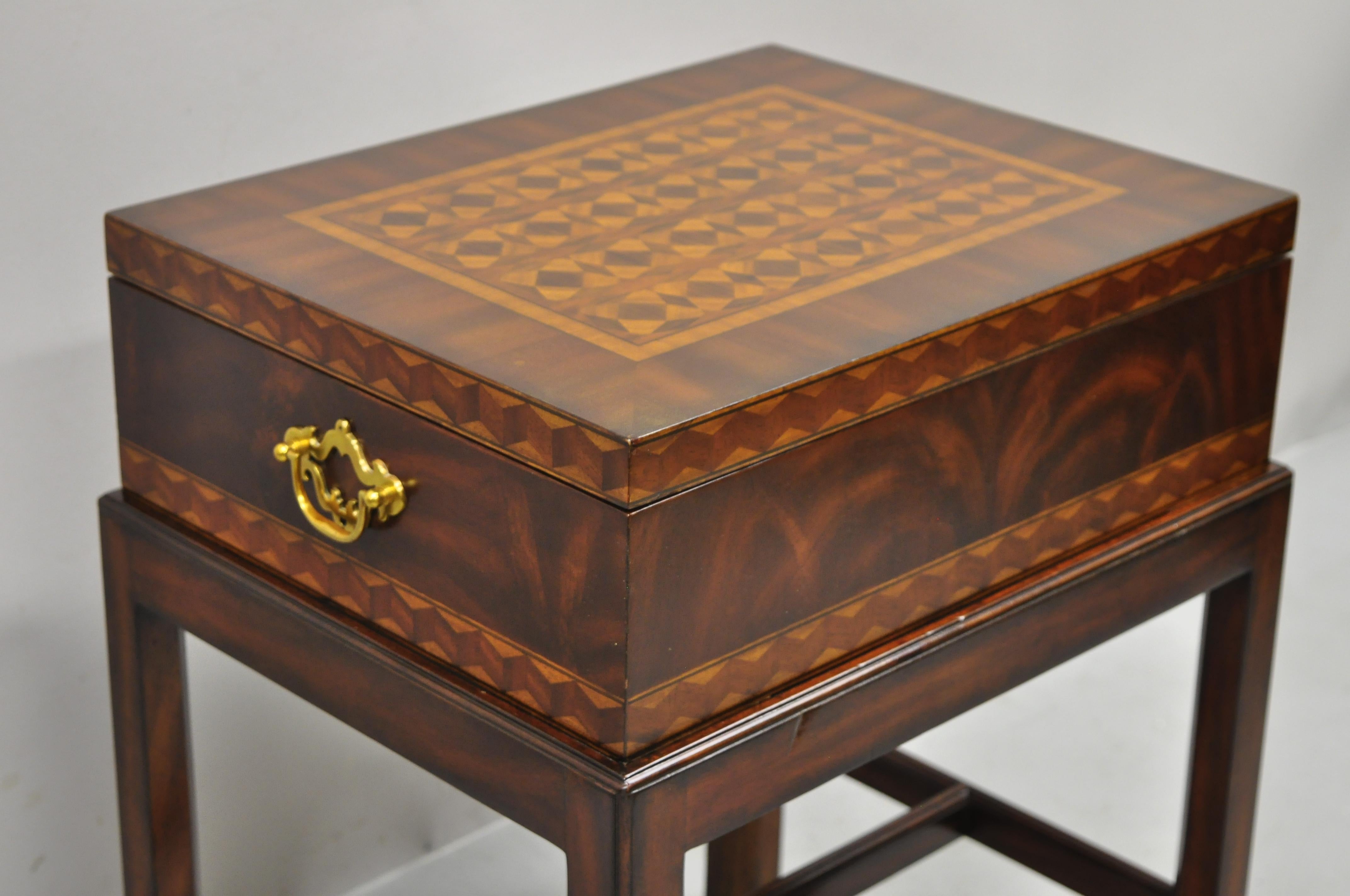 Maitland Smith Marquetry Inlay Campaign Style Trunk Chest Side Table on Base 6